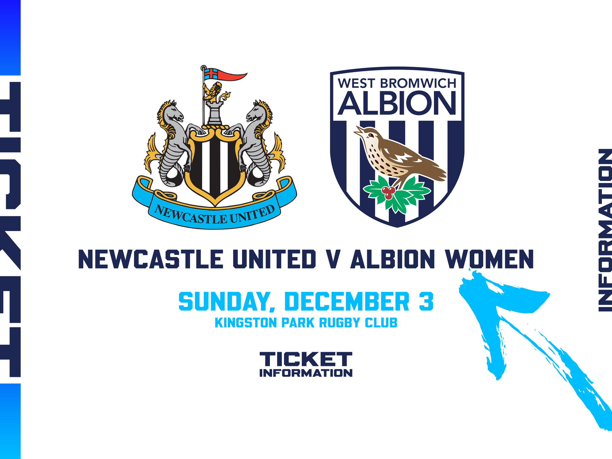A ticket graphic displaying information for Albion Women's game at Newcastle