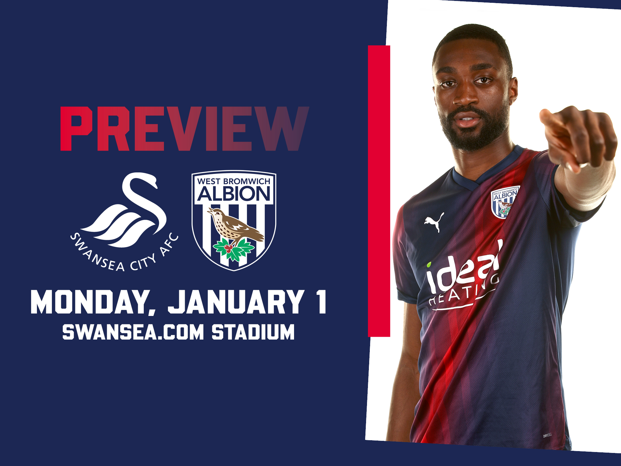 Swansea and WBA badges on the red and blue match preview graphic with an image of Semi in the away blue and red kit