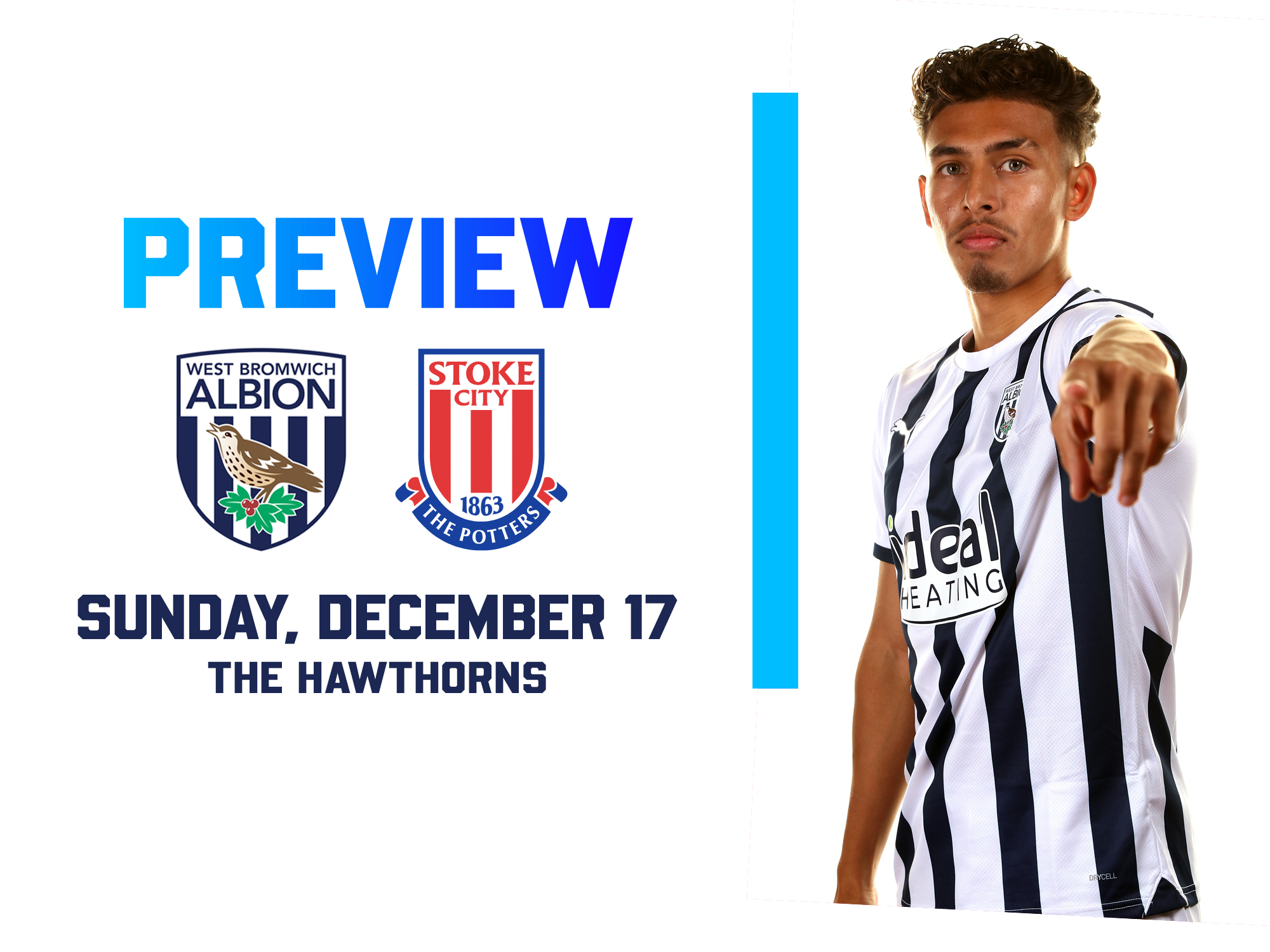 Albion and Stoke City badges with an image of Jeremy Sarmiento pointing at the camera in the home kit on the match preview graphic 