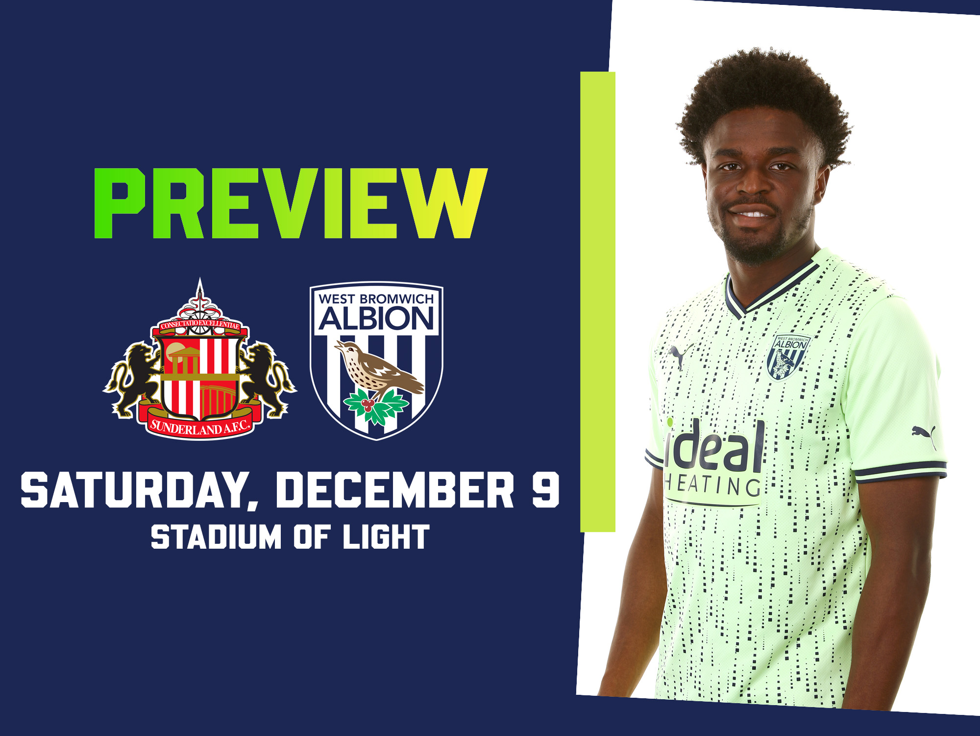 Sunderland & WBA badges with an image of Josh Maja in the lime green kit on the Sunderland match preview graphic 