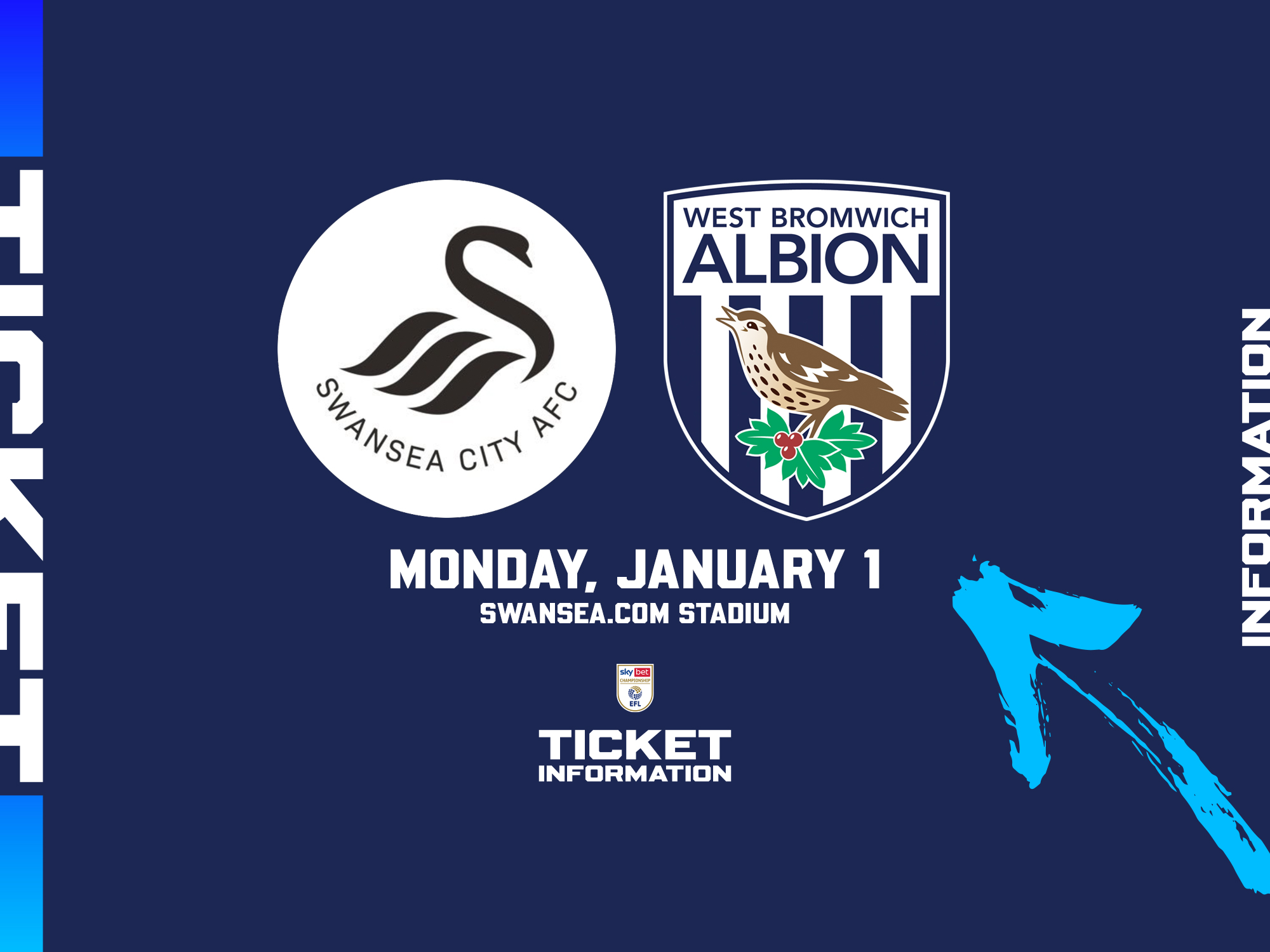 A ticket graphic displaying information for Albion's game against Swansea City