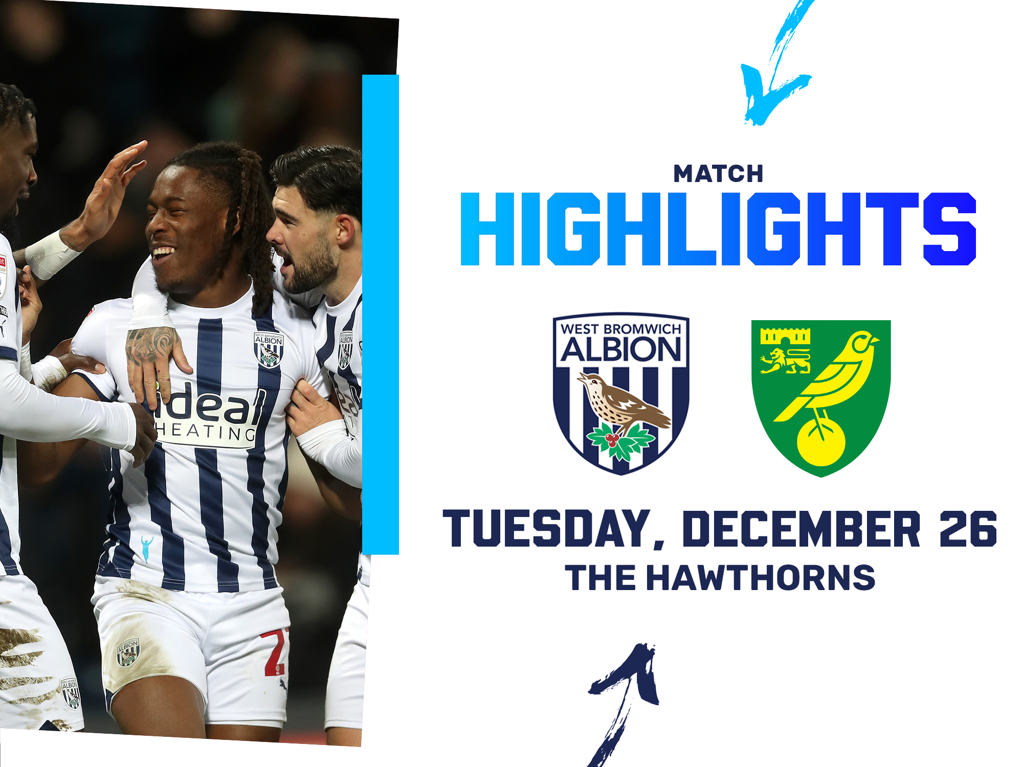 A highlights graphic, with the club crests of Albion and Norwich, with a picture of Brandon Thomas-Asante celebrating