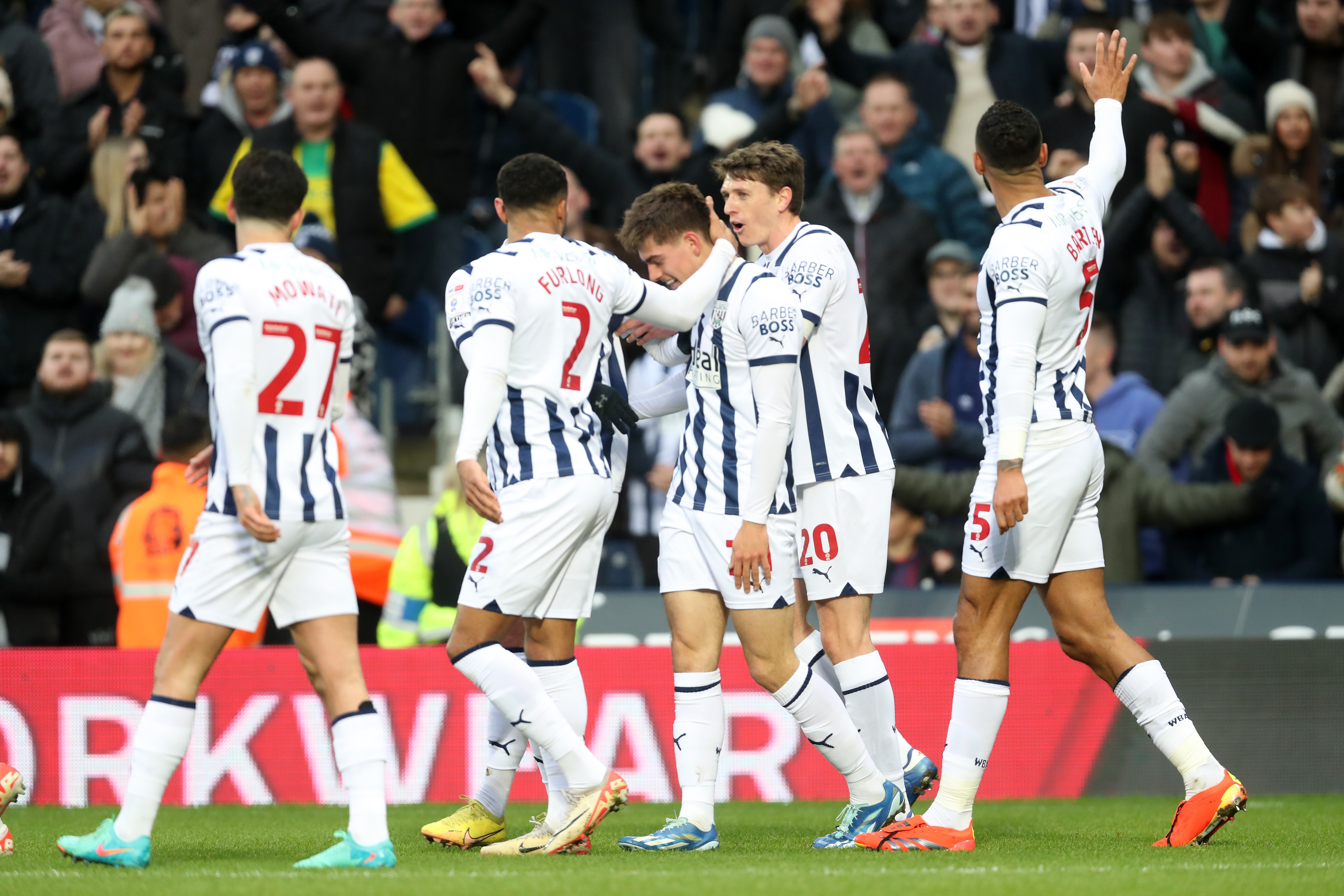 Albion players celebrate with Tom Fellows after his goal against Blackburn