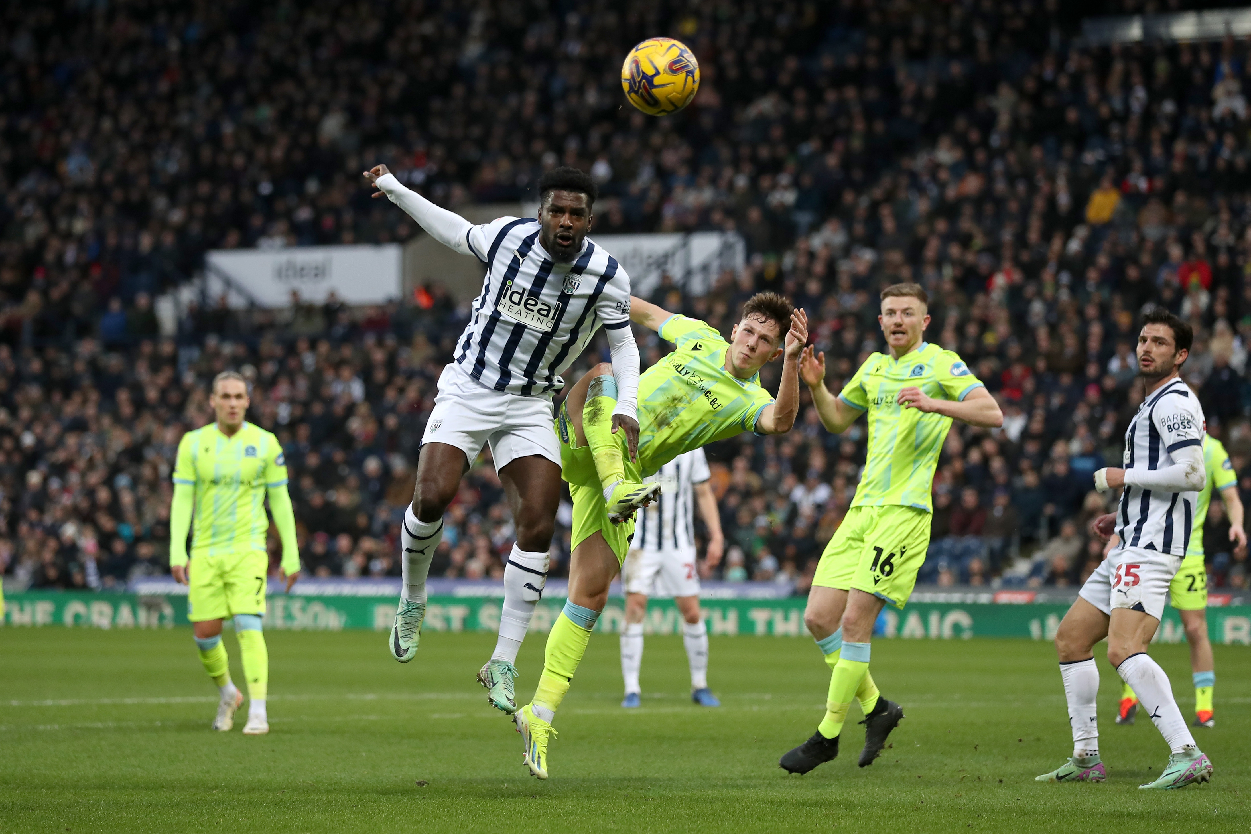 Cedric Kipre jumps for the ball against Blackburn 