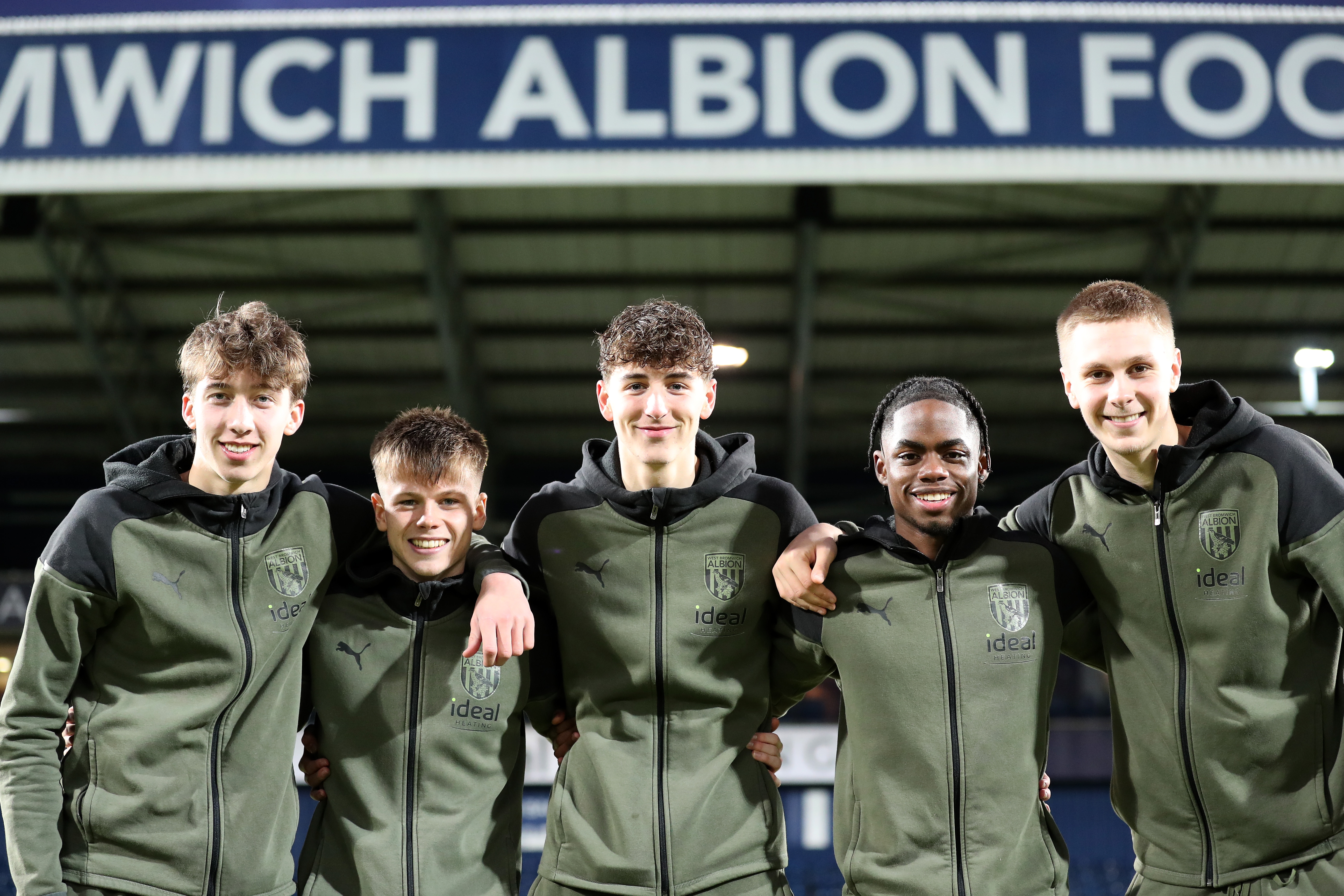 Albion academy graduates Harry Whitwell, Fenton Heard, Josh Shaw, Akeel Higgins and Layton Love pose for a photo having made their senior Albion debuts against Aldershot 