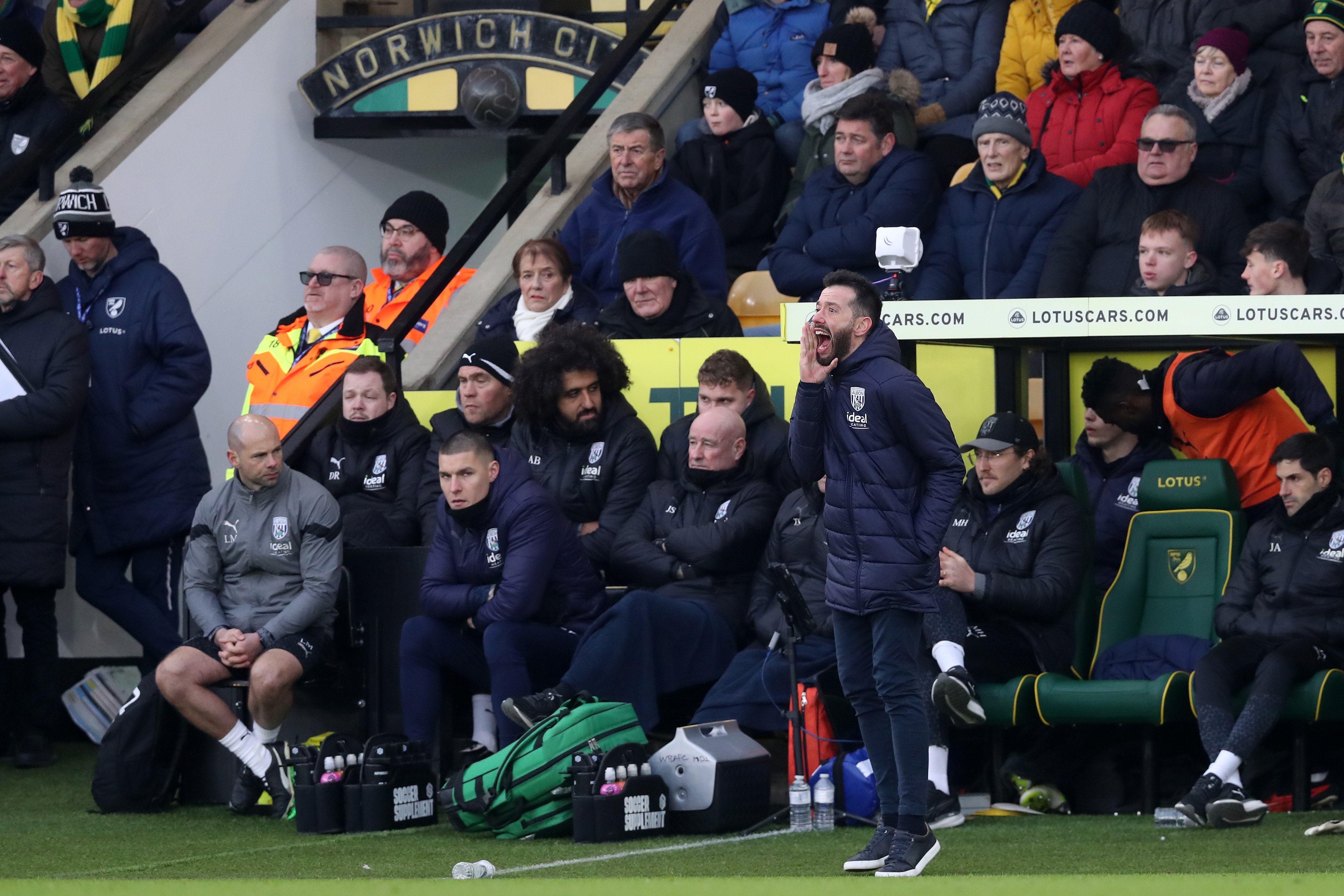 Carlos Corberán shouting on the sideline at Norwich City's Carrow Road