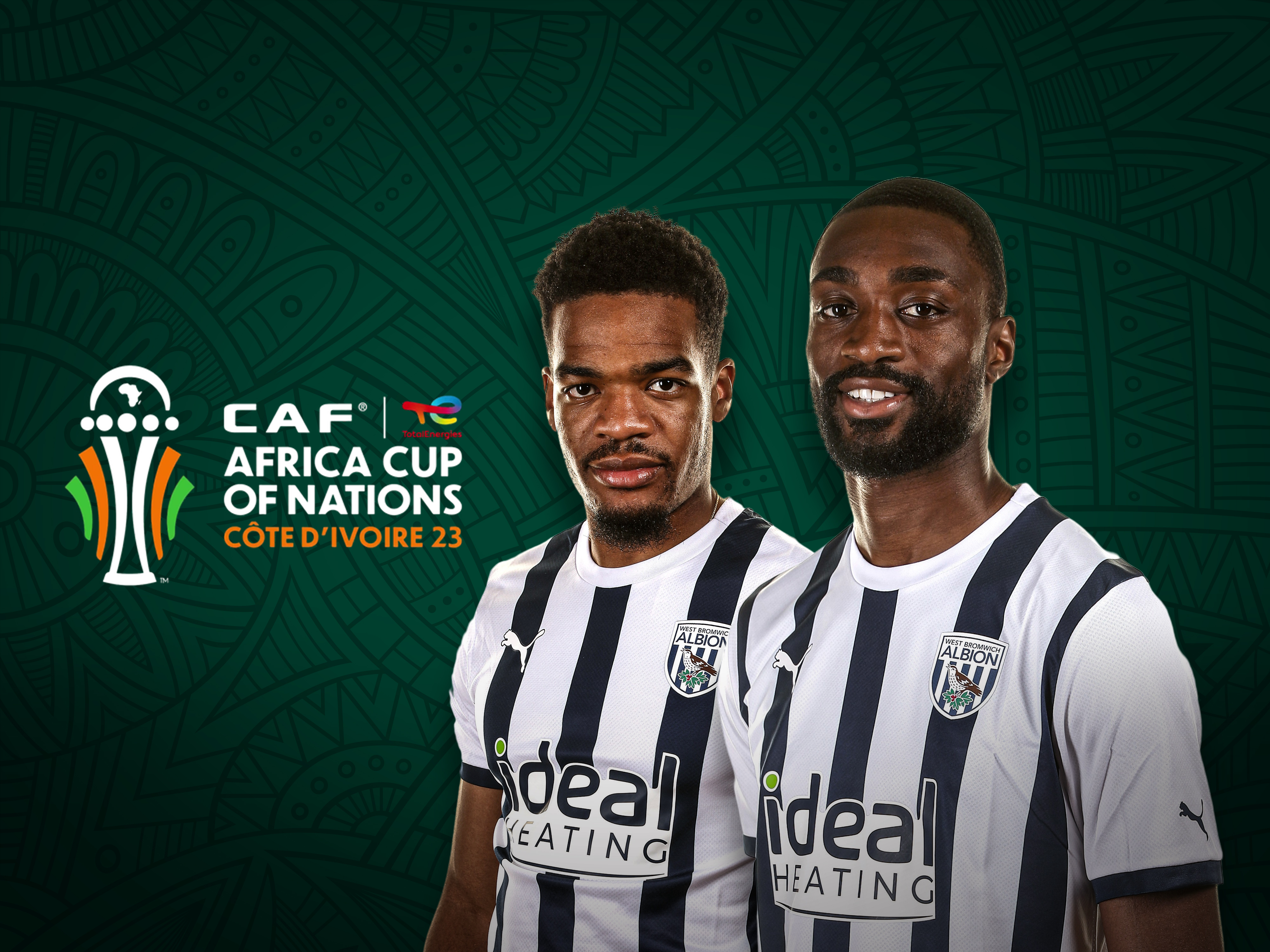 The AFCON logo next to images of Grady Diangana and Semi Ajayi in home Albion shirts