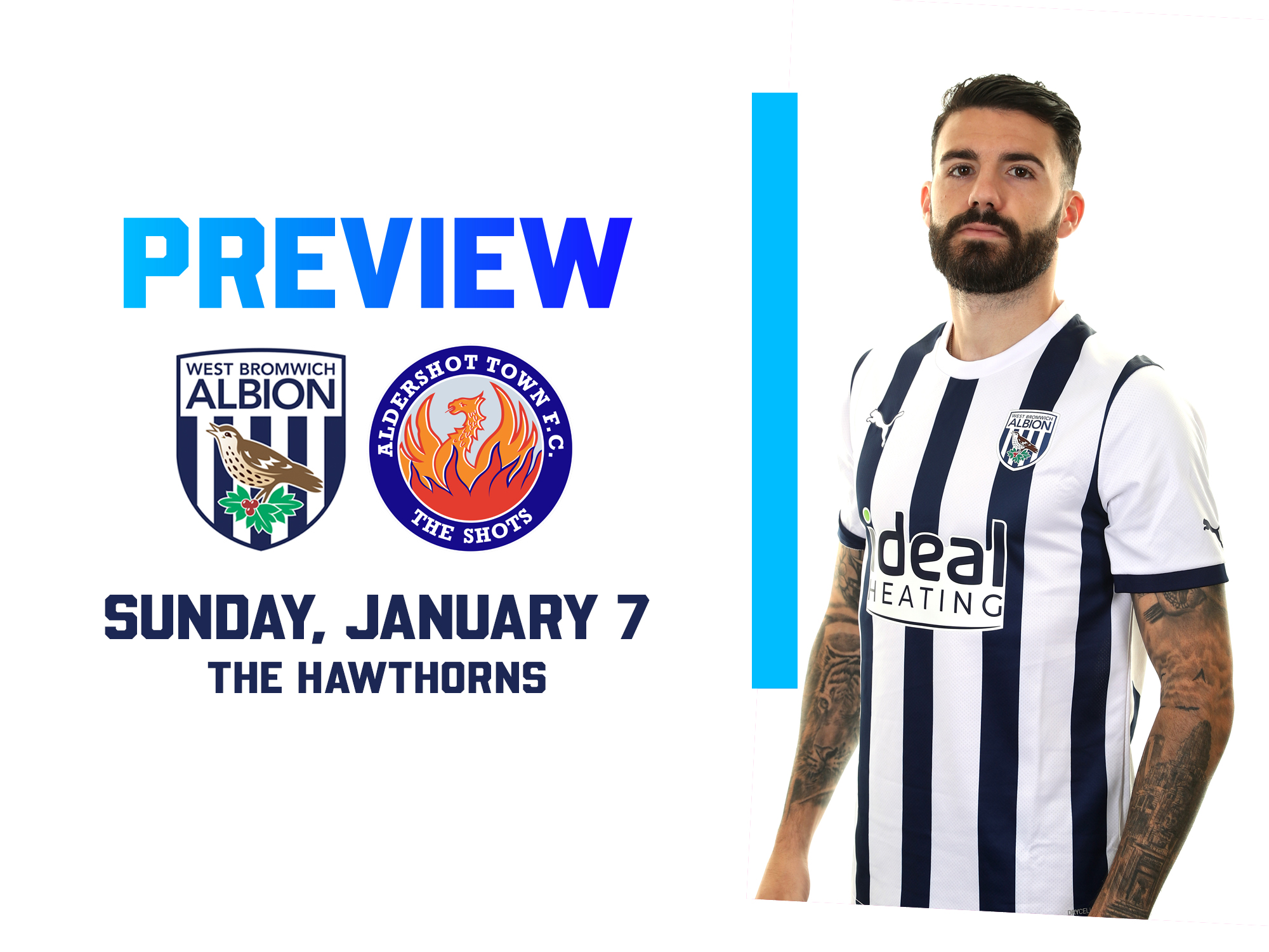 WBA and Aldershot Town badges with an image of Pipa in the home shirt on the home match preview graphic 