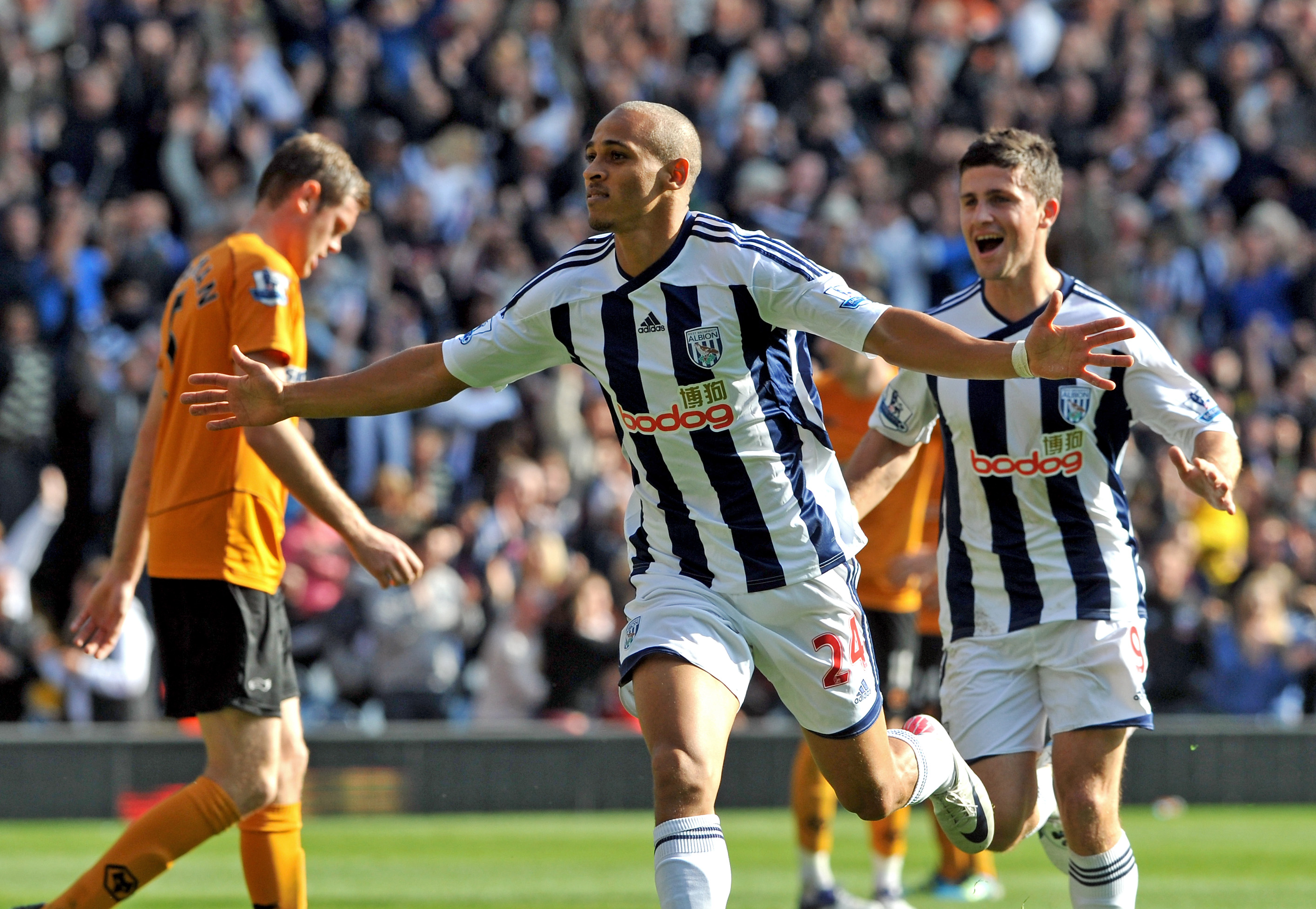 Peter Odemwingie celebrates scoring against Wolves at The Hawthorns in 2011