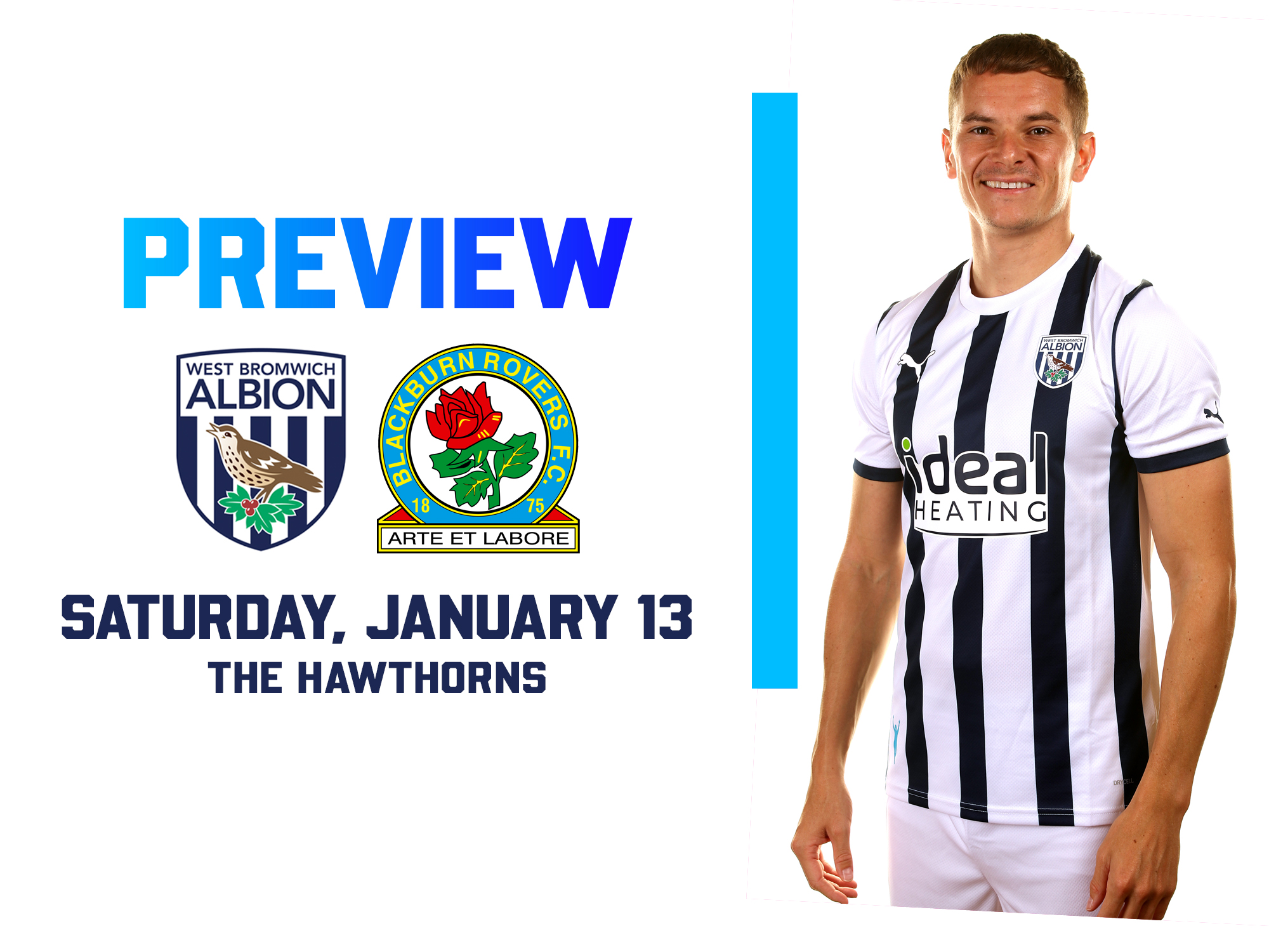 WBA and Blackburn badges next to an image of Conor Townsend in the home shirt smiling on the home match preview graphic