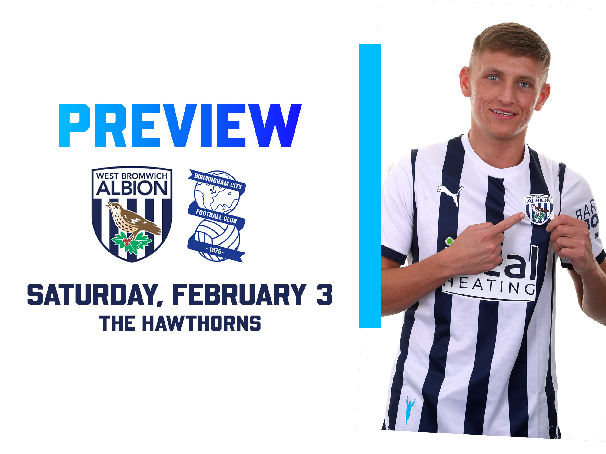 WBA and Birmingham City badges on the home preview graphic next to an image of Callum Marshall pointing at the WBA badge in the home shirt