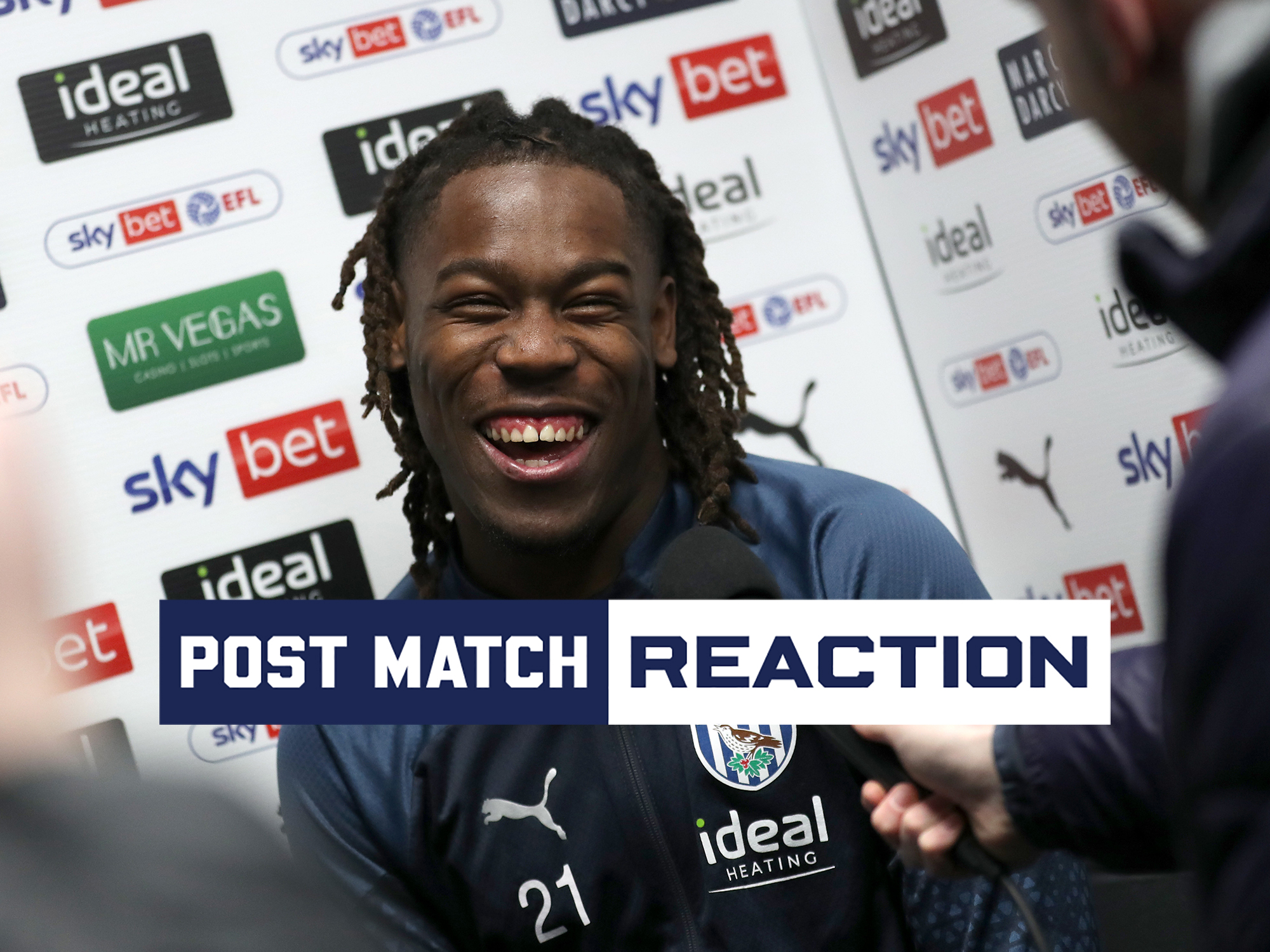 Brandon Thomas-Asante is interviewed after Albion's win against Blackburn
