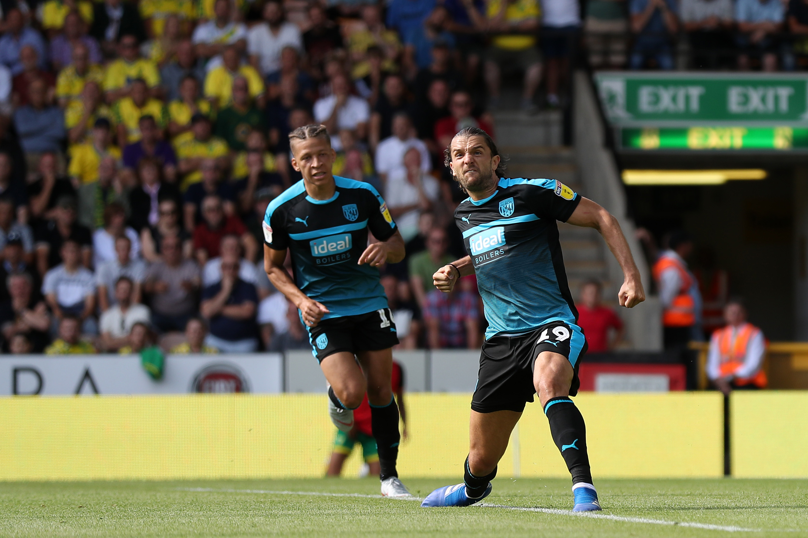 Jay Rodriguez celebrates scoring against Norwich at Carrow Road in August 2018