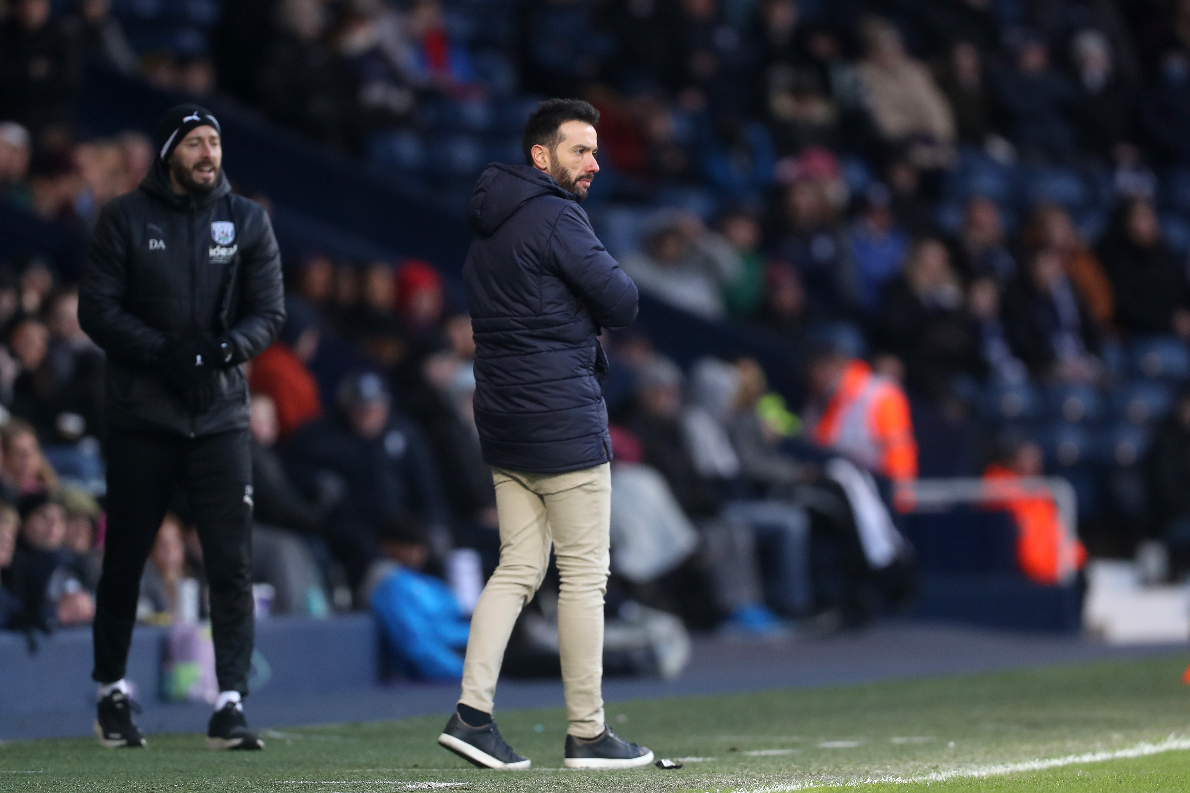 Carlos Corberán on the touchline at The Hawthorns in a middle of game
