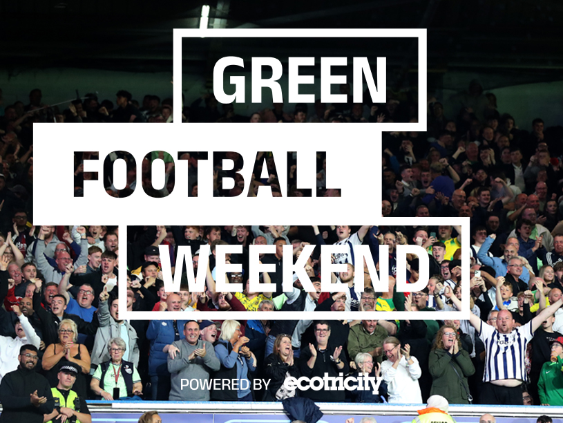 A green football weekend graphic with Albion supporters celebrating