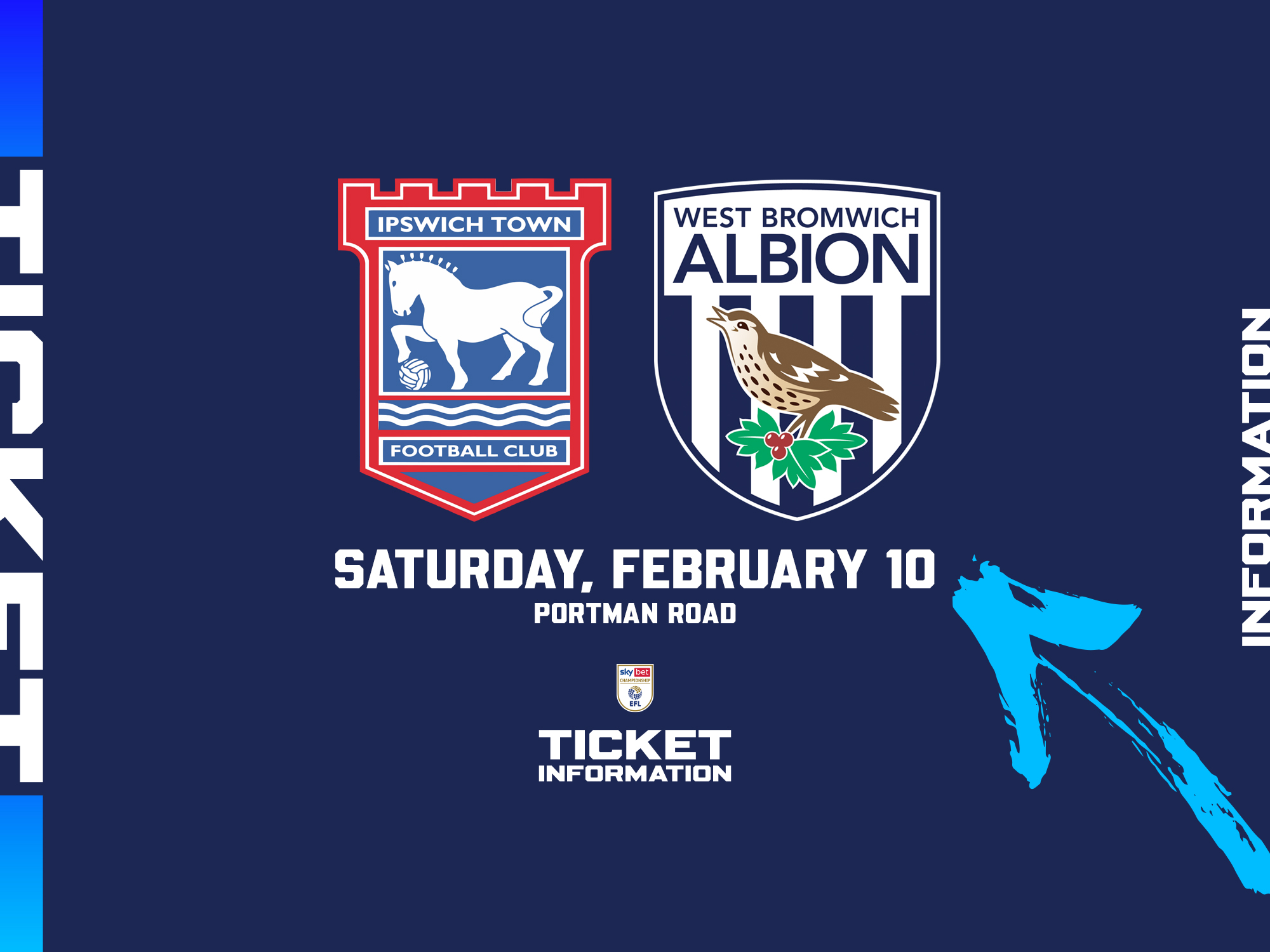 A ticket graphic displaying information for Albion's game at Ipswich