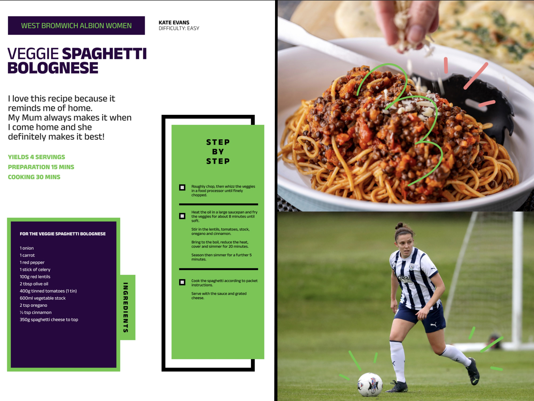 A recipe for Albion Women player Kate Evans' Veggie Spaghetti Bolognese