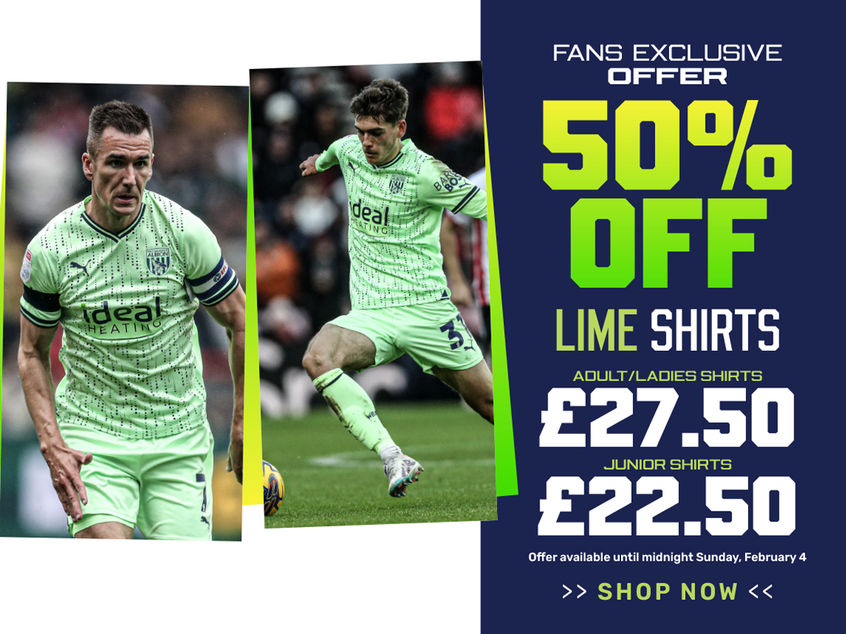 Albion's 50% off lime green away shirts graphic 