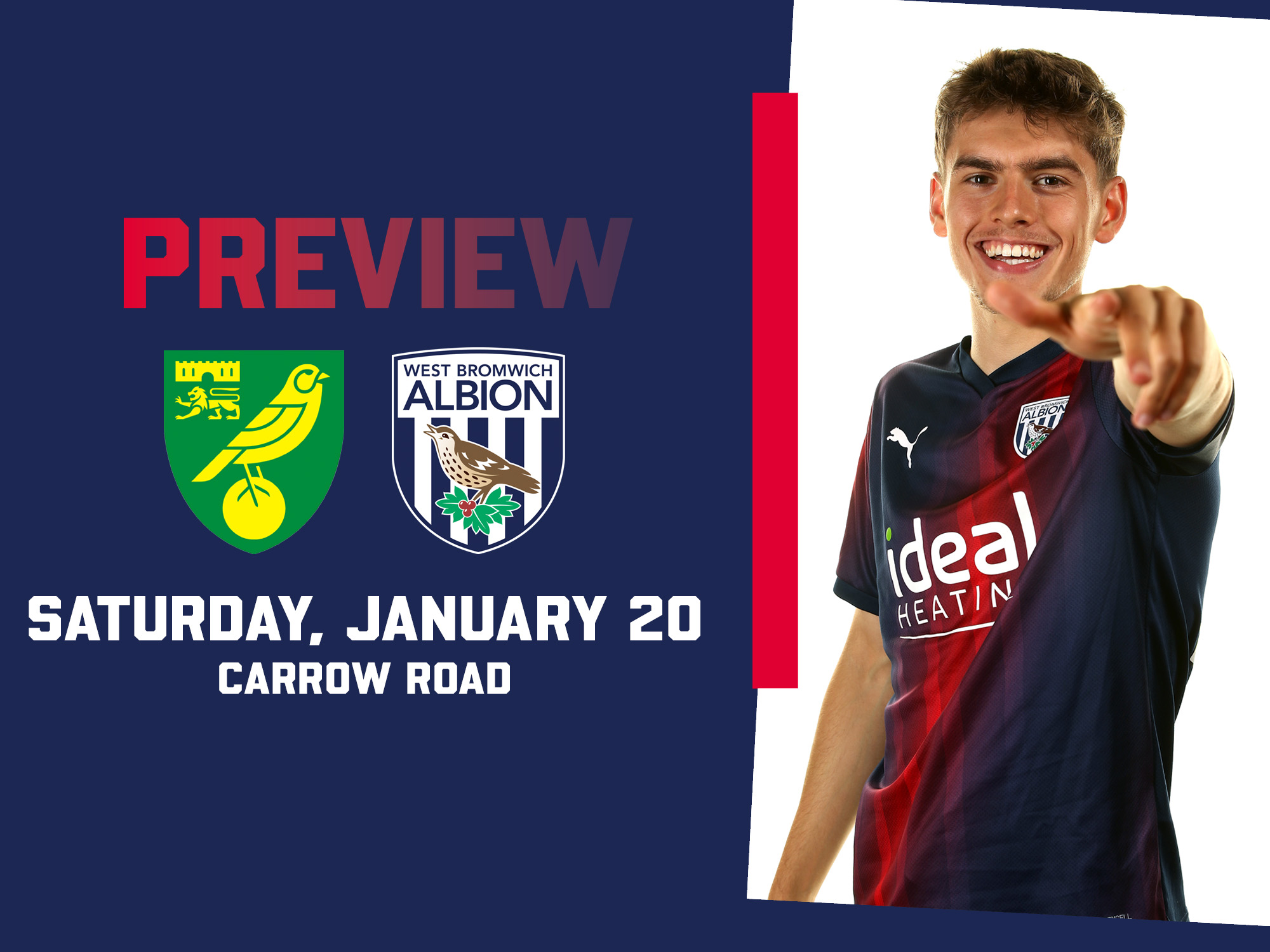 Norwich and WBA badges and an image of Tom Fellows in the navy blue and red away kit pointing at the camera on the away match preview graphic 