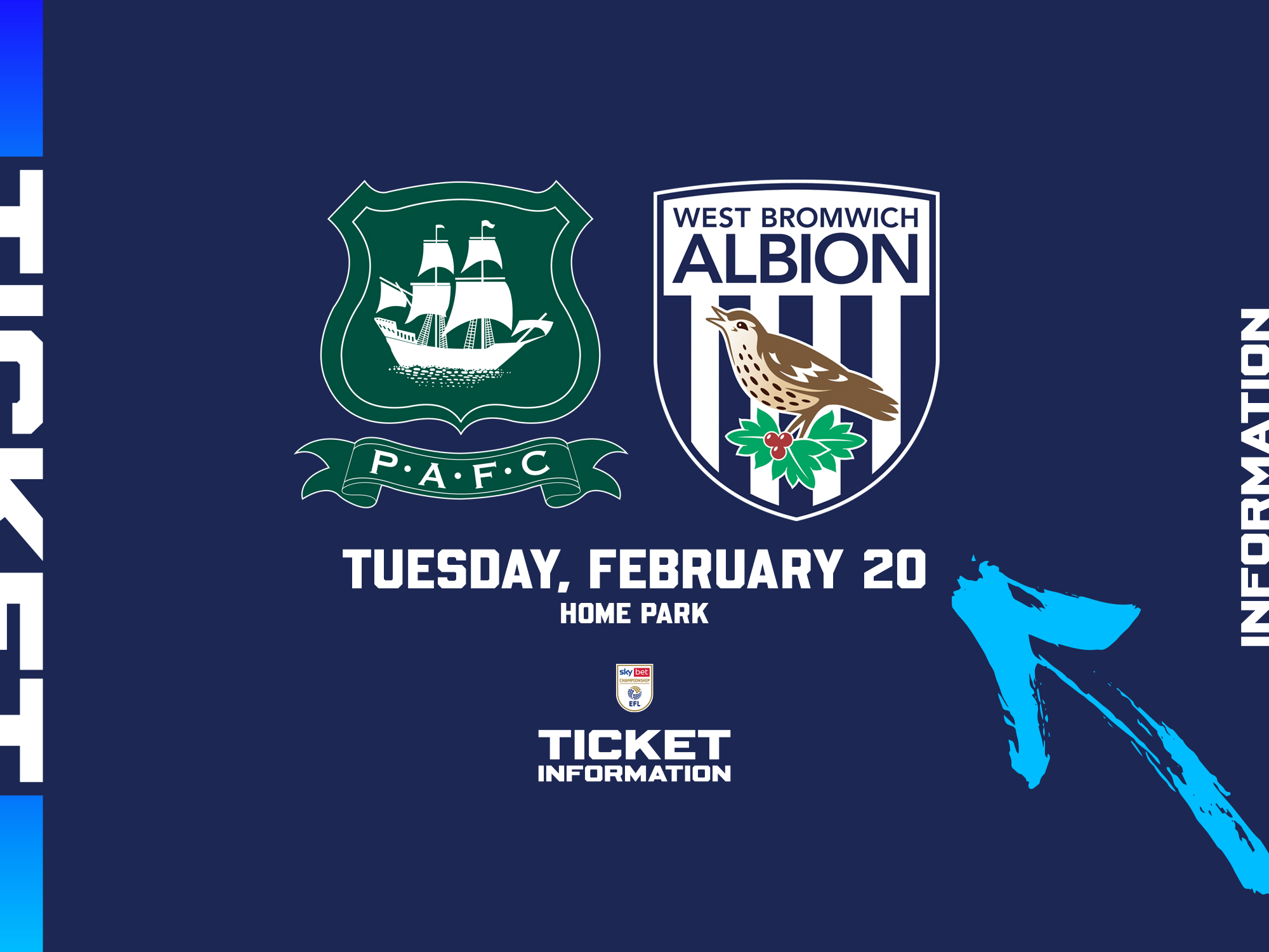 A ticket graphic displaying information for Albion's game at Plymouth