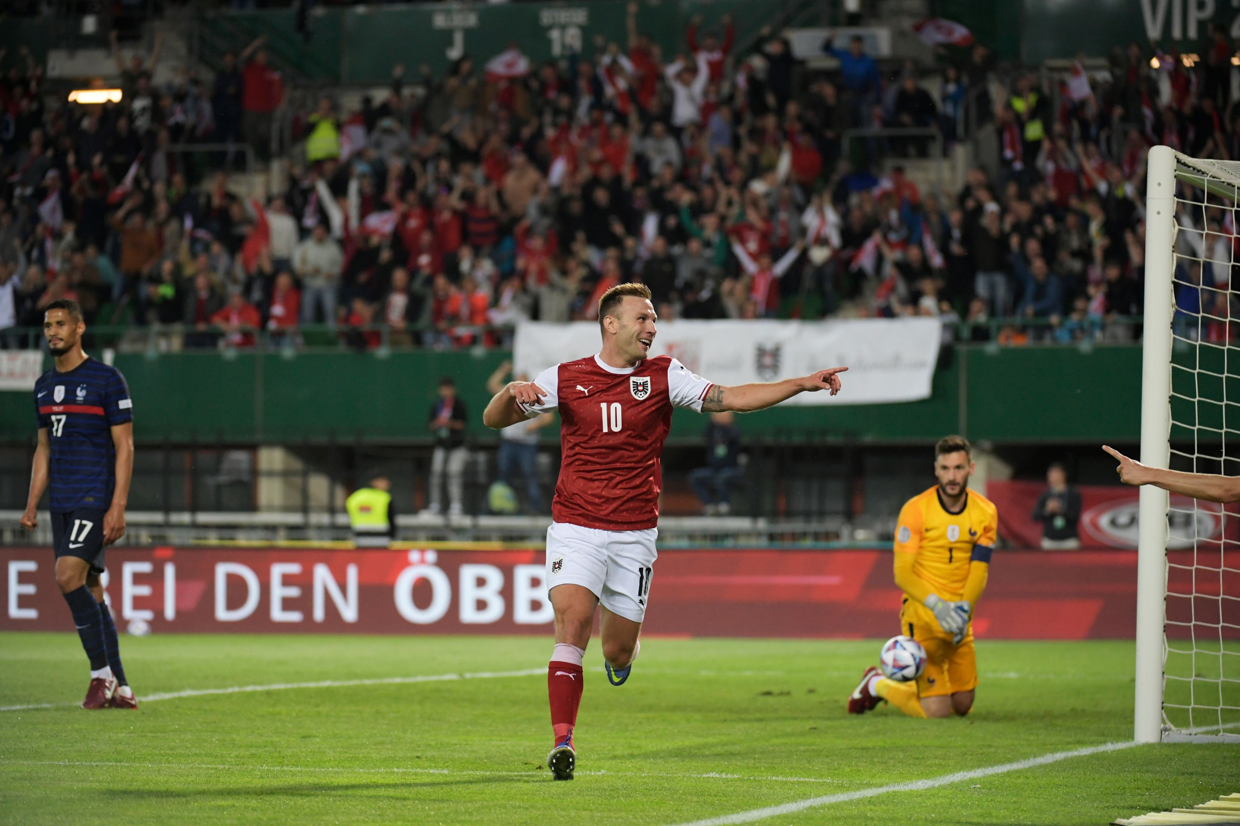 Andi Weimann celebrates scoring for Austria against France 2022
