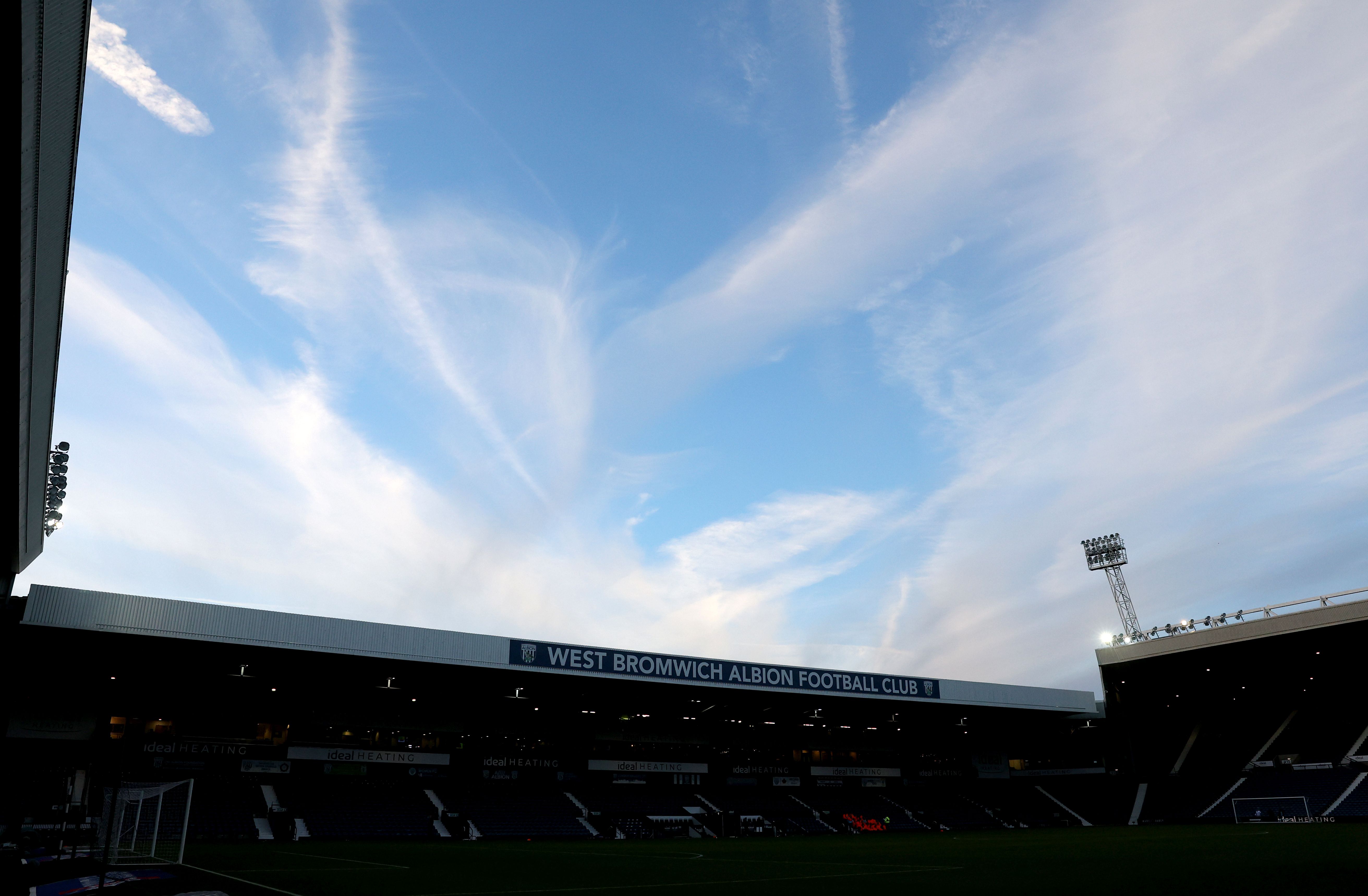 A general view of the West Stand at The Hawthorns with a blue sky above 