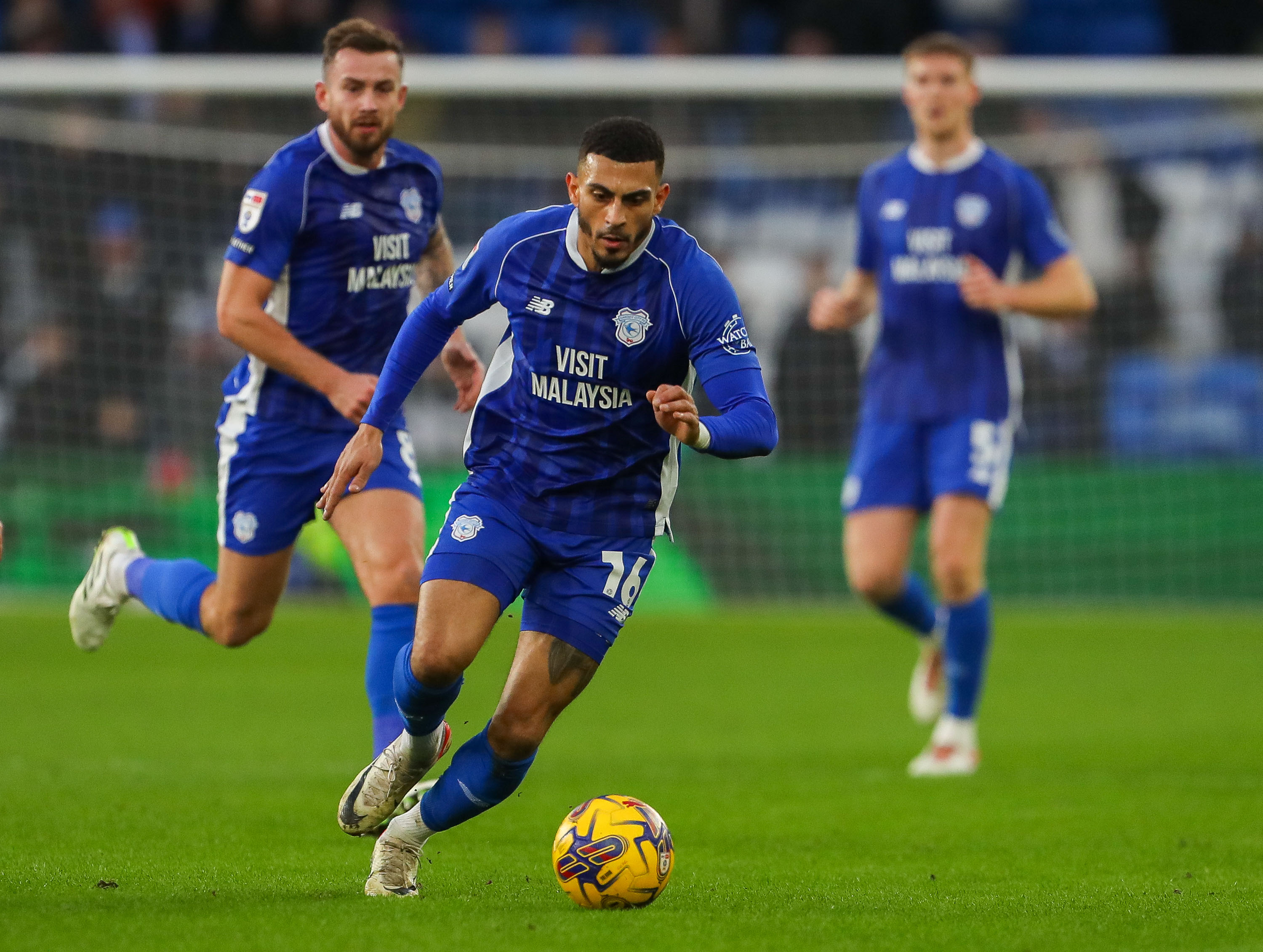 Karlan Grant in action for Cardiff City chasing the ball