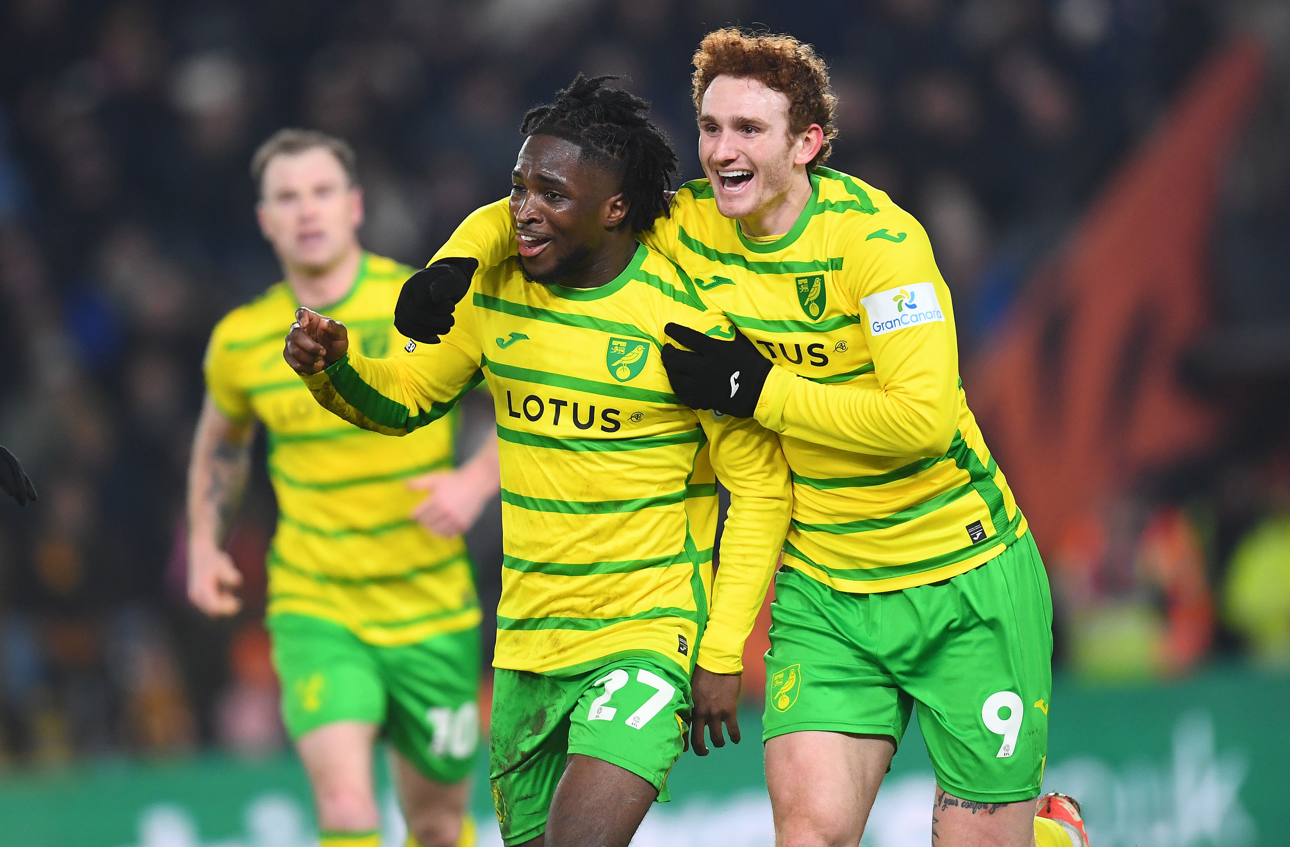 Norwich players Jonathan Rowe and Josh Sargent celebrate a goal