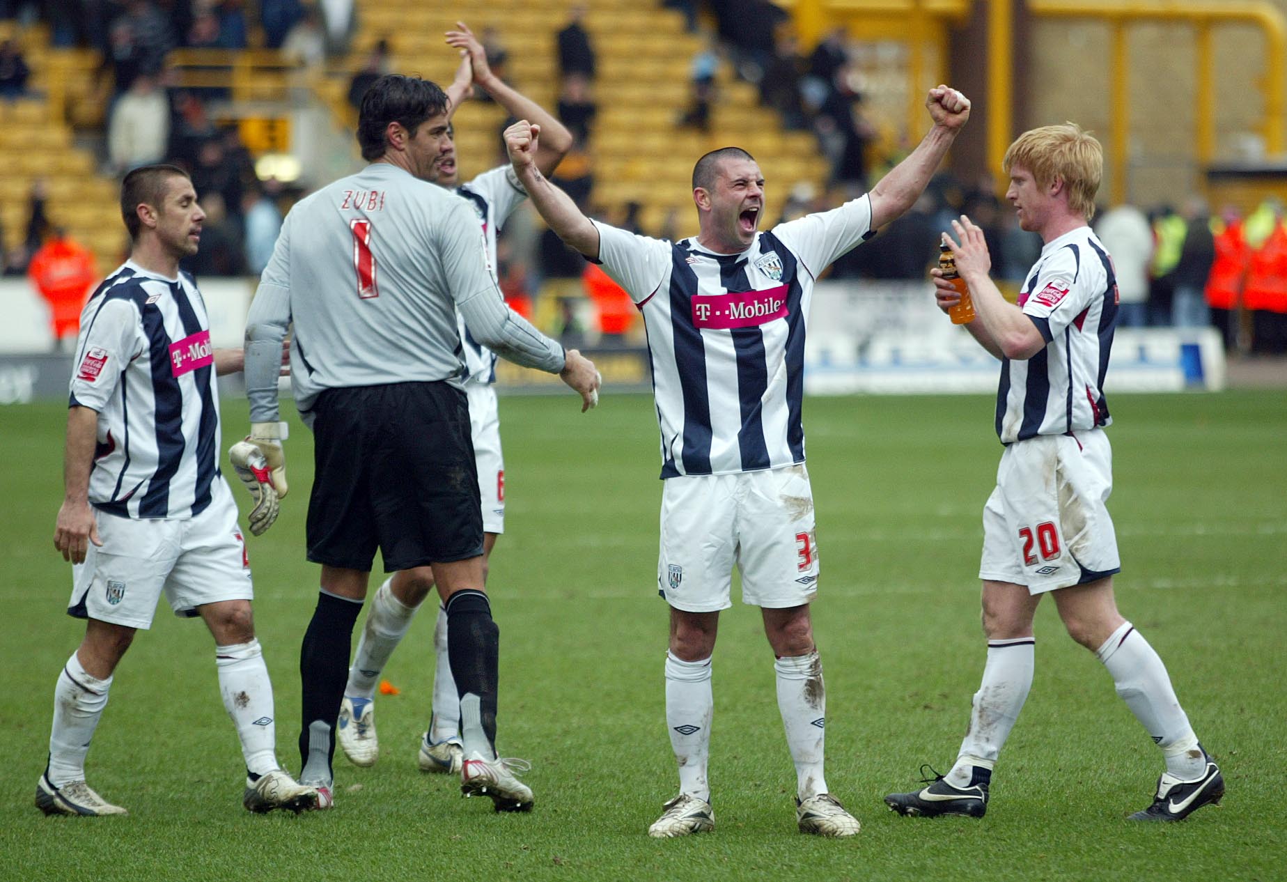 Albion players celebrate winning at Wolves in the FA Cup in 2007