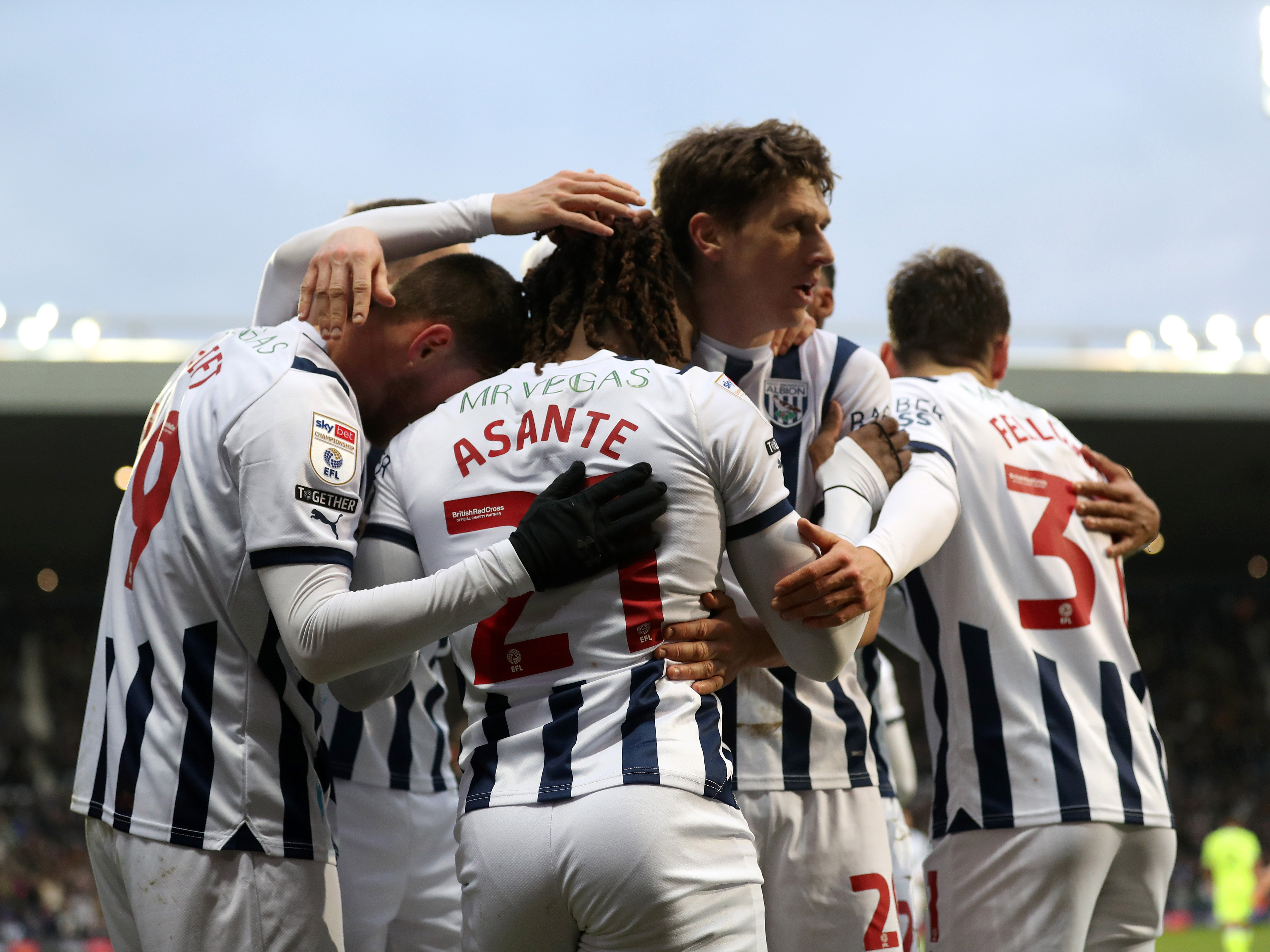 An image of Albion's players celebrating a goal against Blackburn