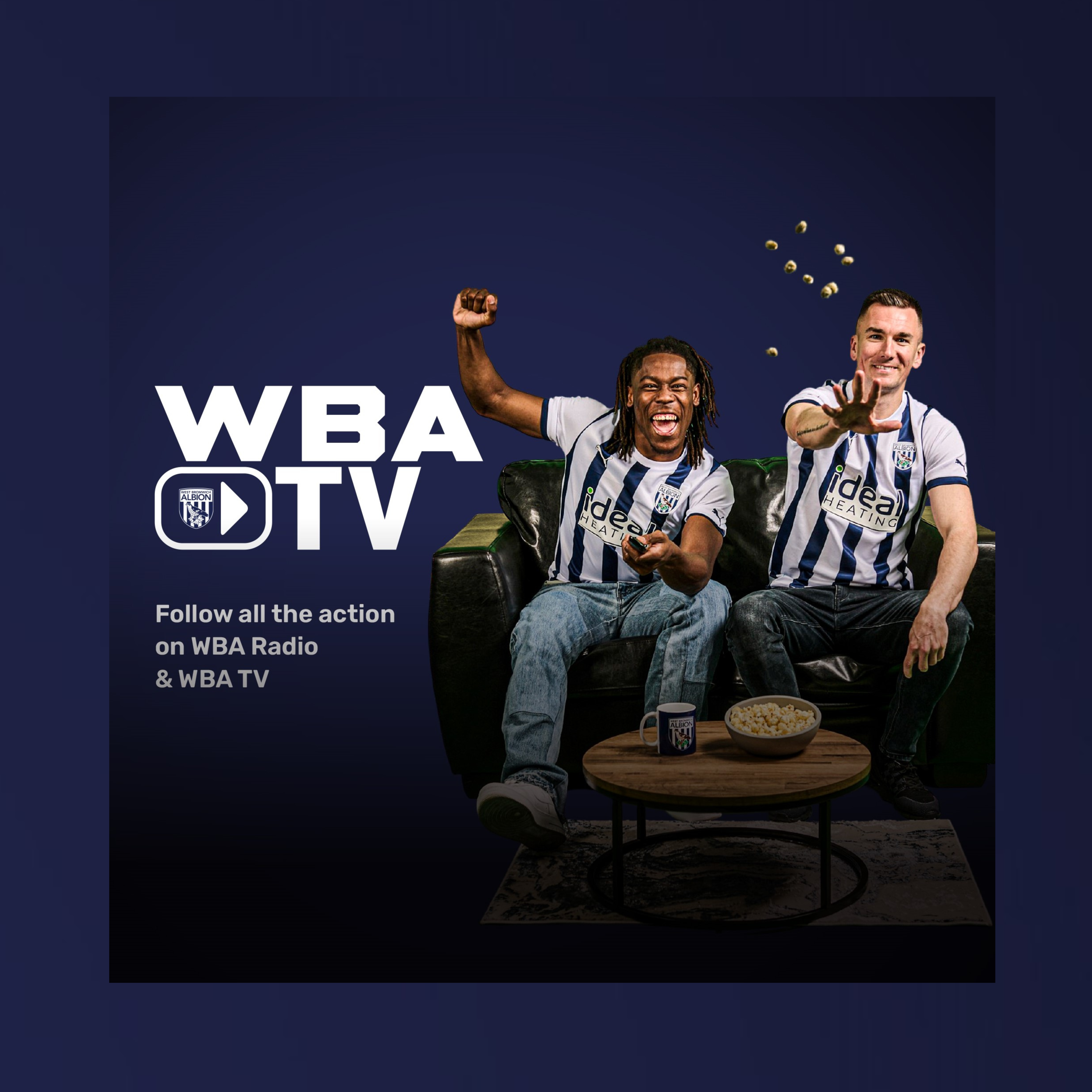 WBA TV Matchday Information Graphic featuring Brandon Thomas-Asante cheering and Jed Wallace throwing popcorn.