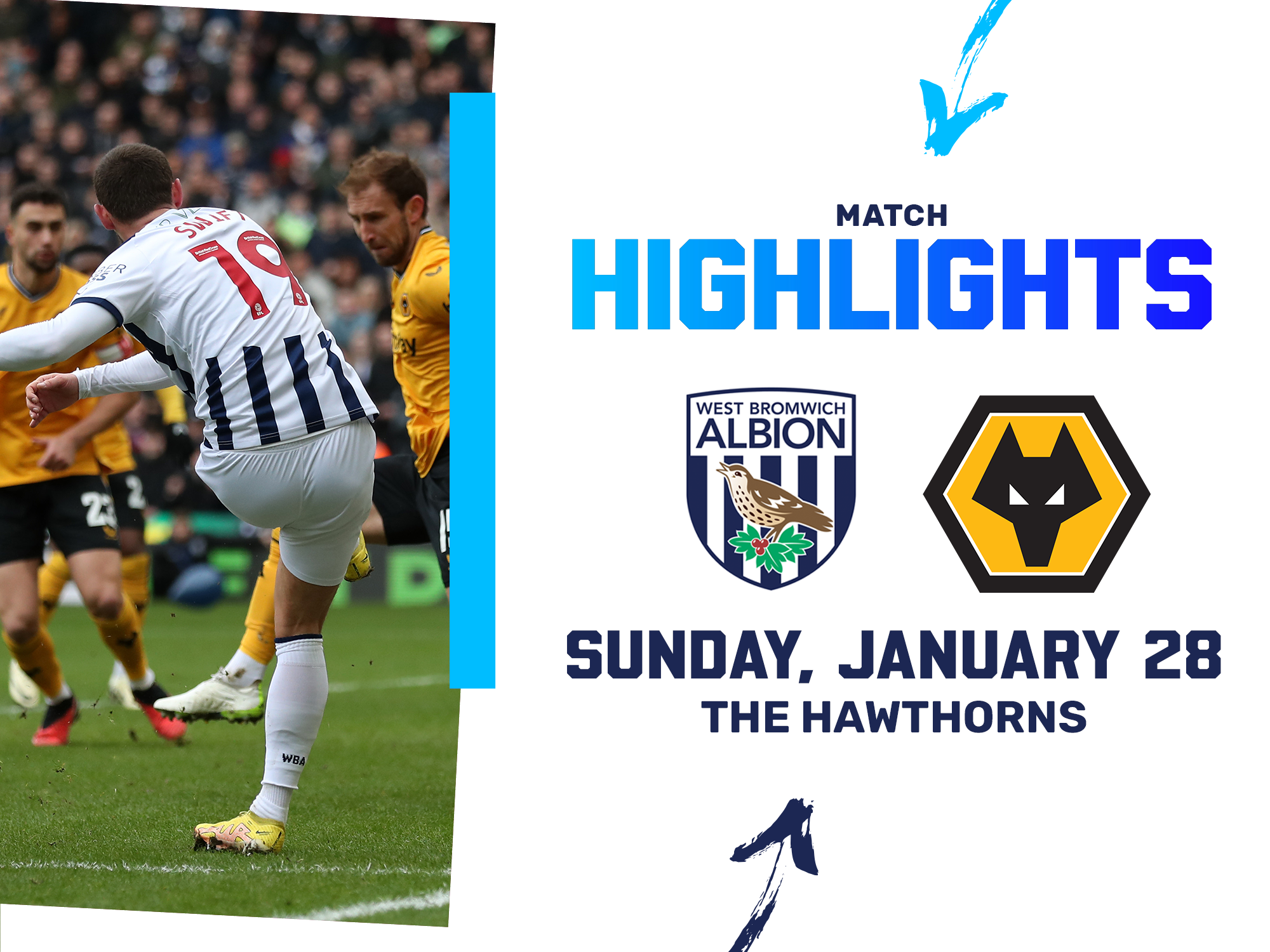 A match highlights picture graphic, in the 2023/24 home colours, showing the club crests of Albion and Wolves as well as a picture of John Swift in action