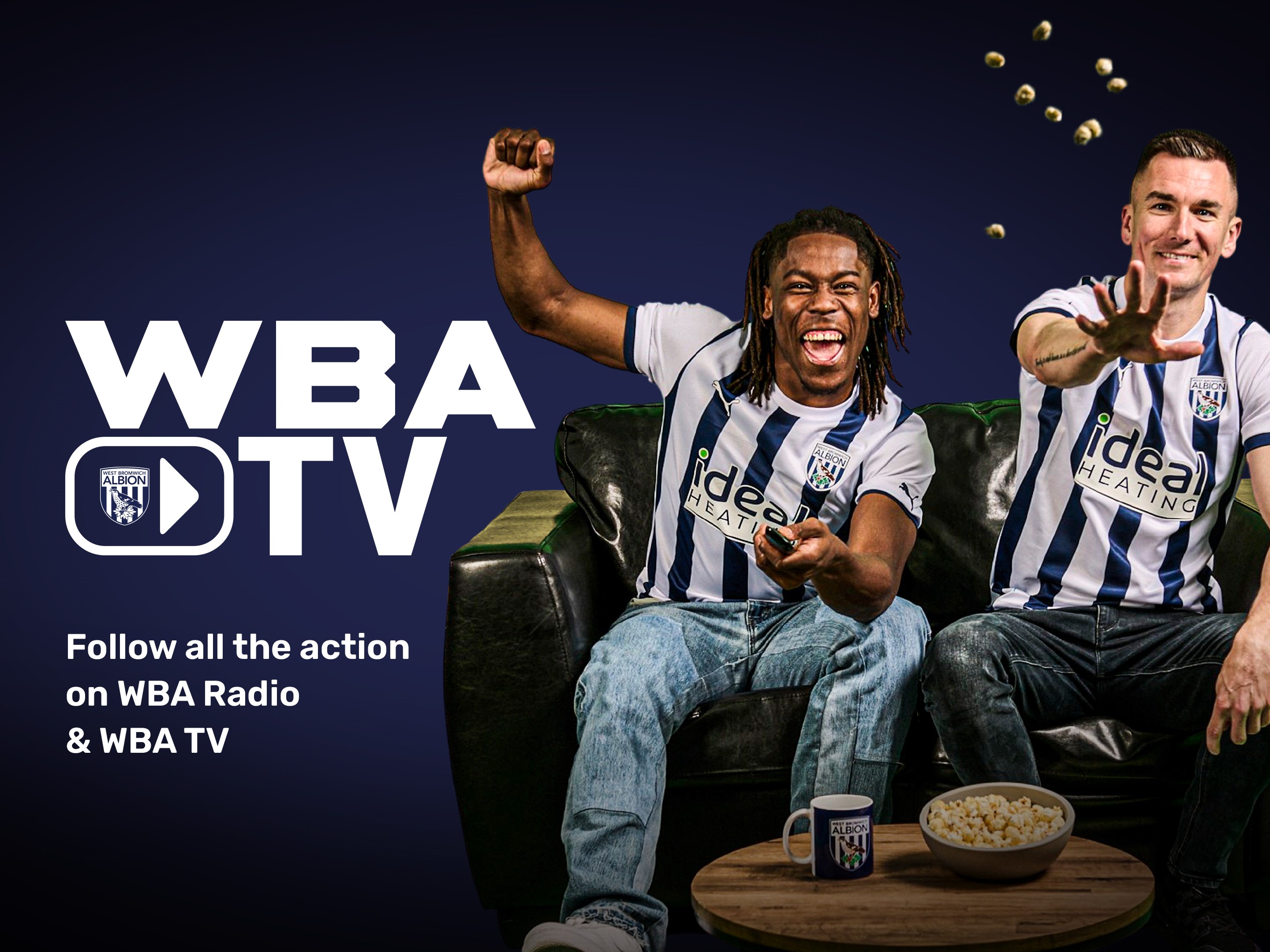 WBA TV matchday information graphic featuring Brandon Thomas-Asante cheering and Jed Wallace throwing popcorn.  