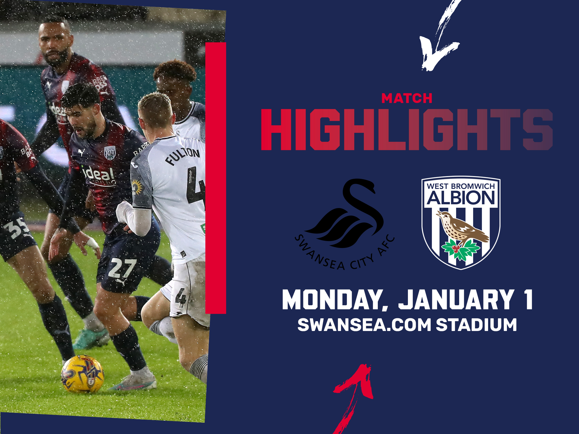 A photo highlights graphics with the club crests of Swansea and Albion, in the red and blue 2023/24 away colours