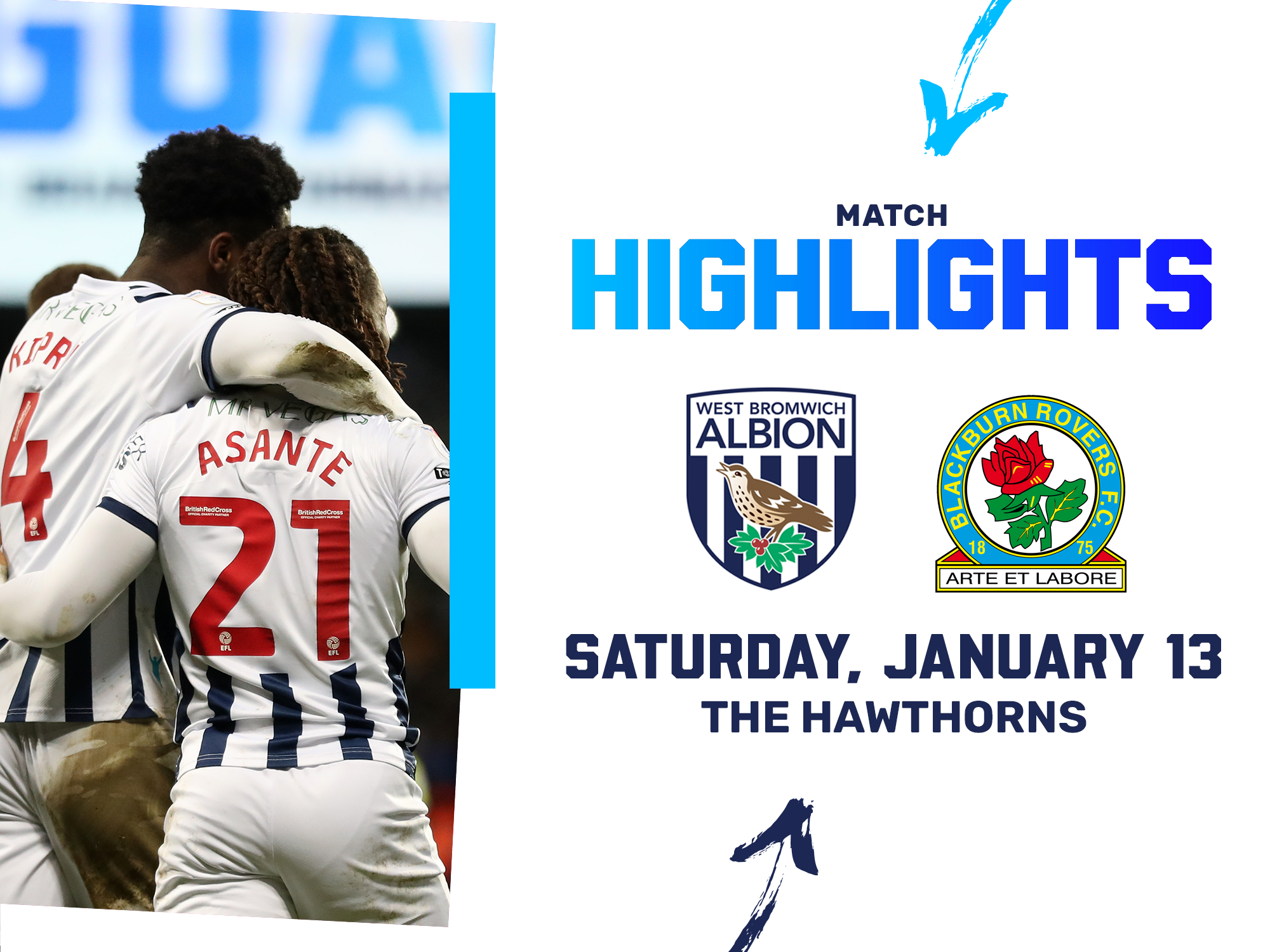 A match highlights graphic, with the club crests of Albion and Blackburn, showing a photo of Brandon Thomas-Asante and Cedric Kipre embracing