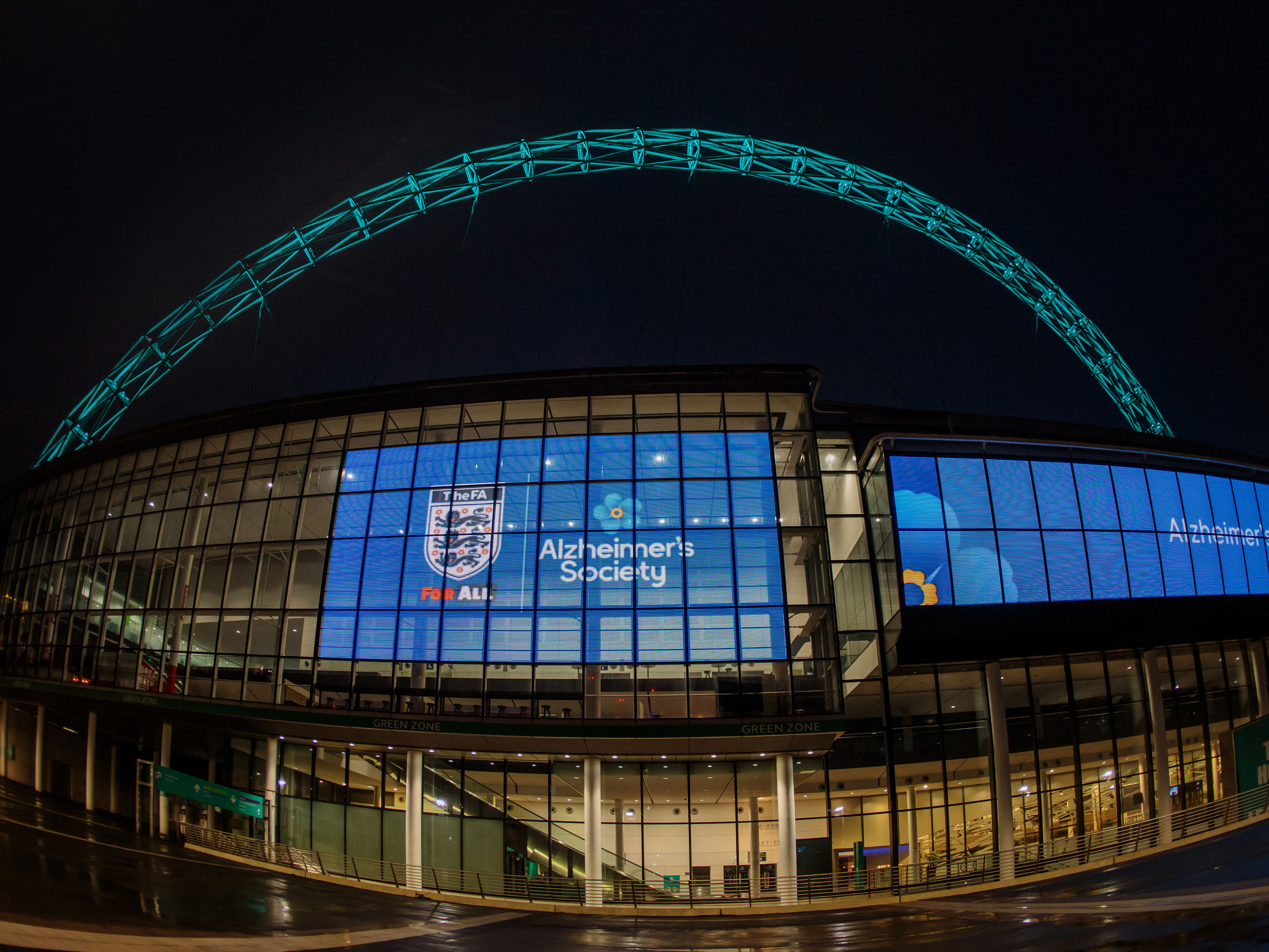 Wembley Stadium with Alzheimer's Society branding 