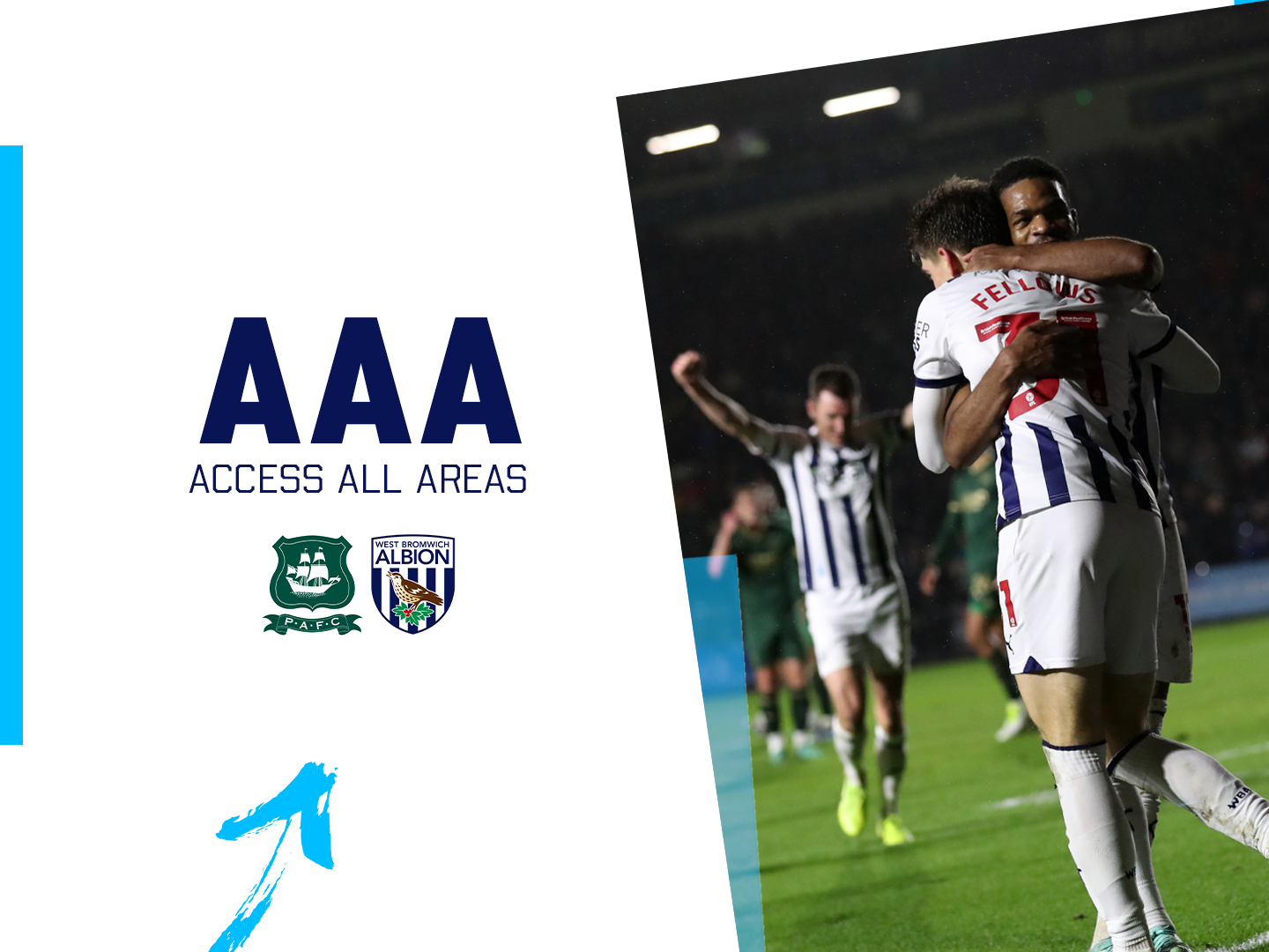 A photo graphic, showing Grady Diangana and Tom Fellows celebrating, with the title 'Access All Areas' for Albion's away match v Plymouth