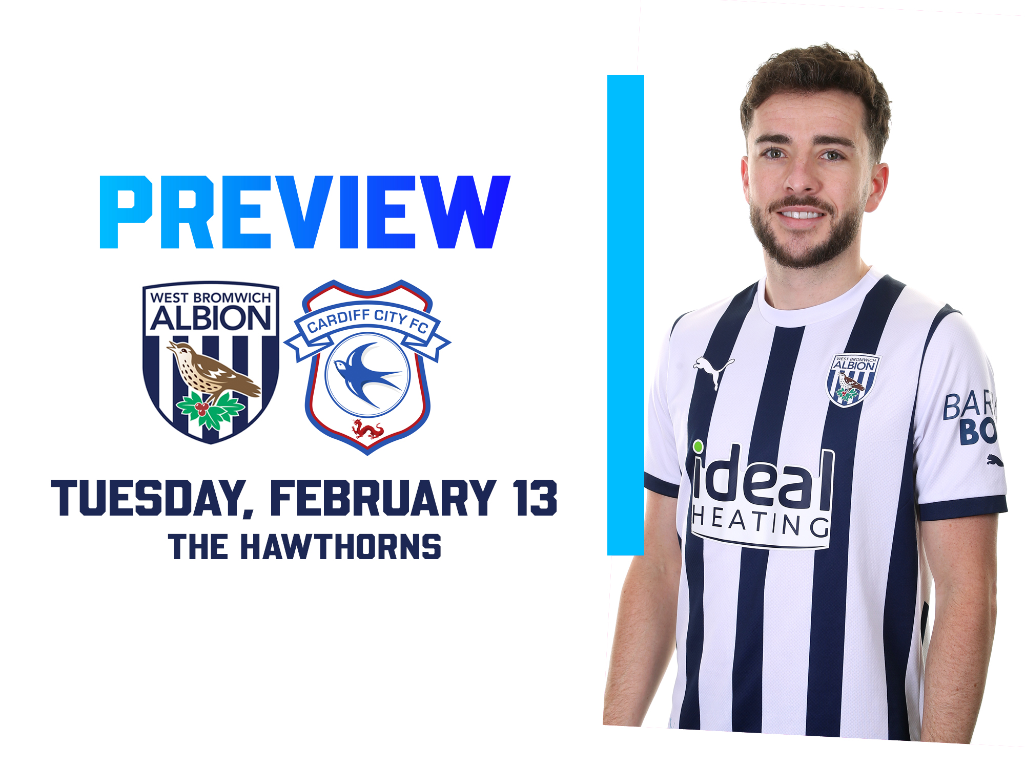 WBA and Cardiff badges with an image of Mikey Johnston in the home shirt smiling at the camera to the right of the home match preview graphic 