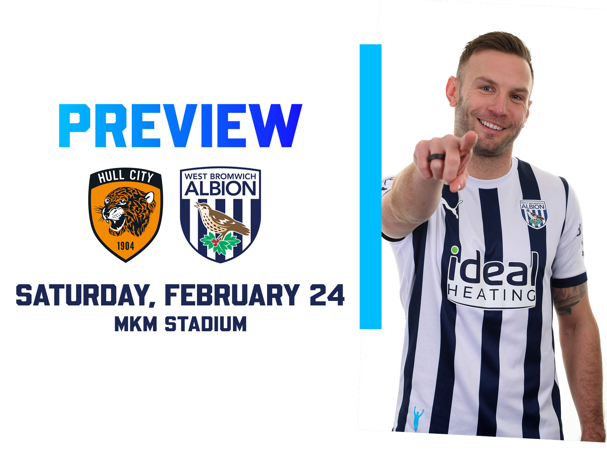 Hull City and WBA badges on the home kit match preview graphic with an image of Andi Weimann in the home shirt pointing at the camera and smiling