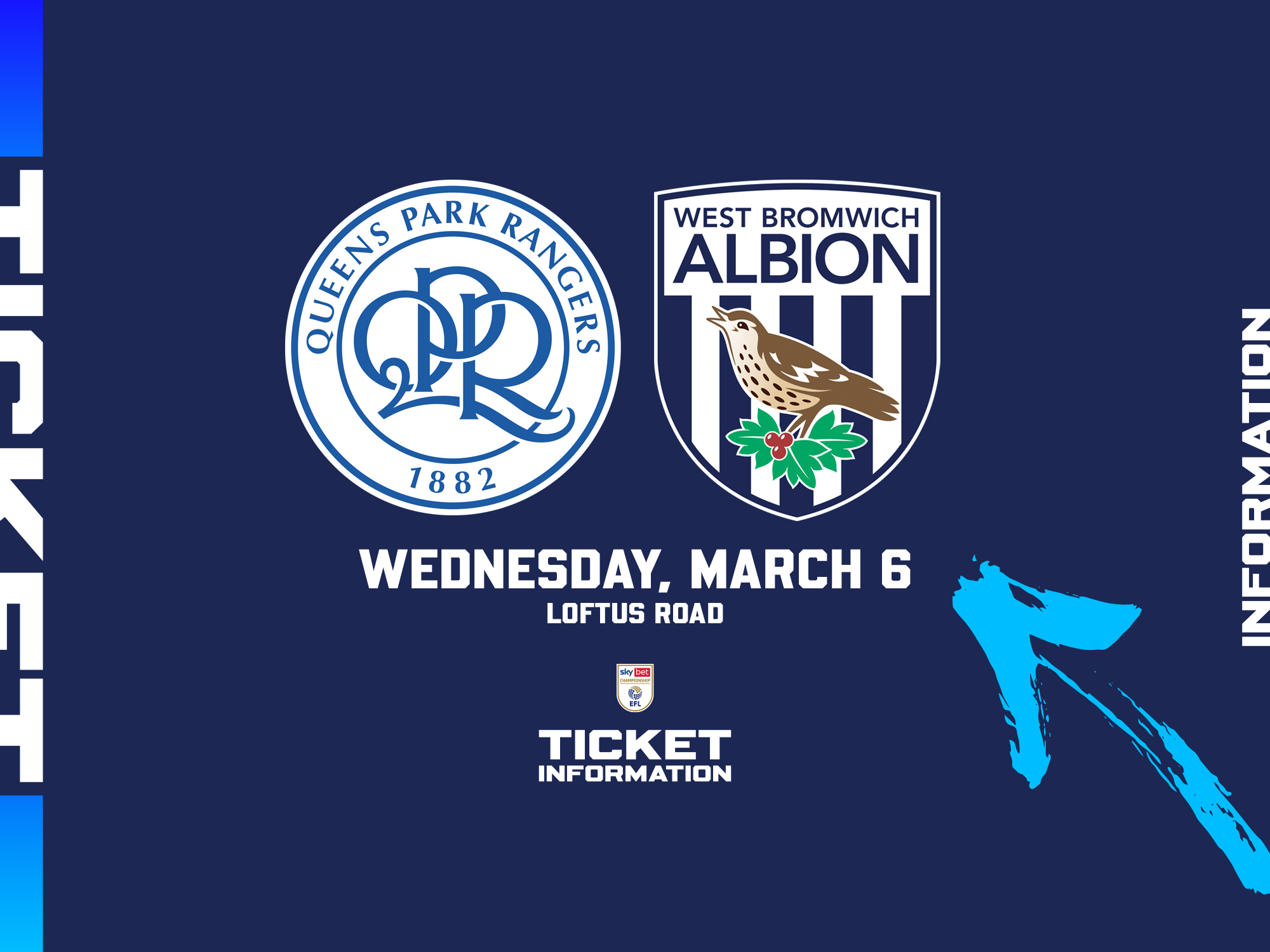 A ticket graphic displaying information for Albion's game at QPR