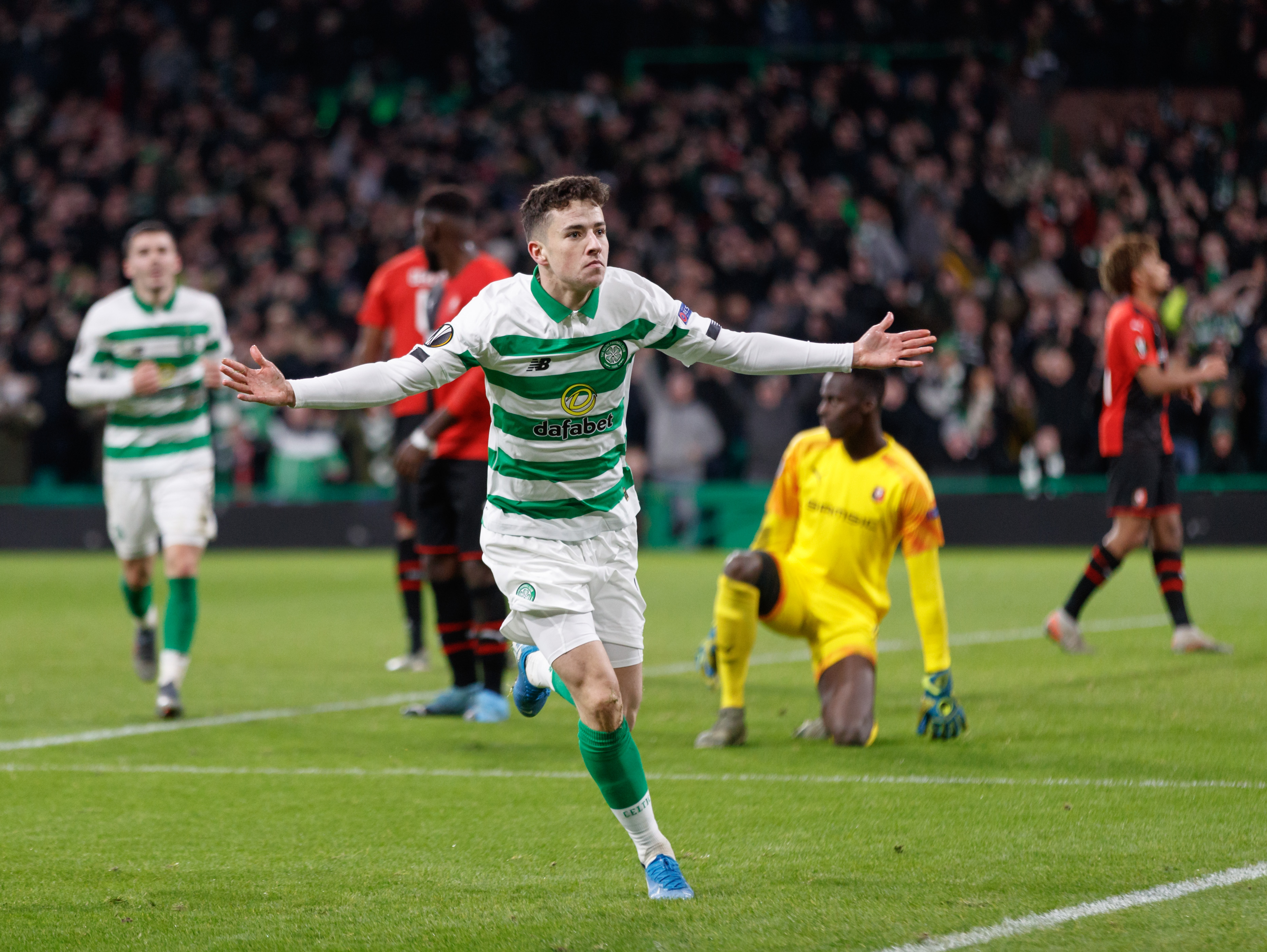 Mikey Johnston celebrates scoring a goal for Celtic in 2019