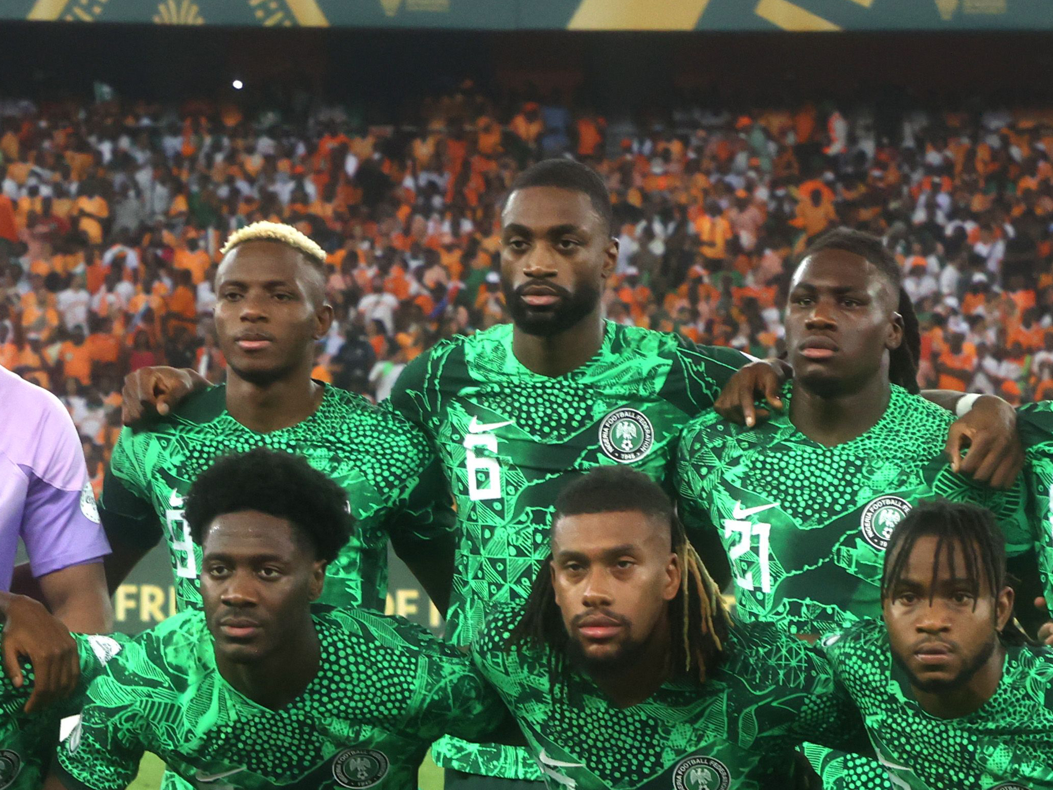 Semi Ajayi lining up for the Nigeria team photo before the start of the AFCON final