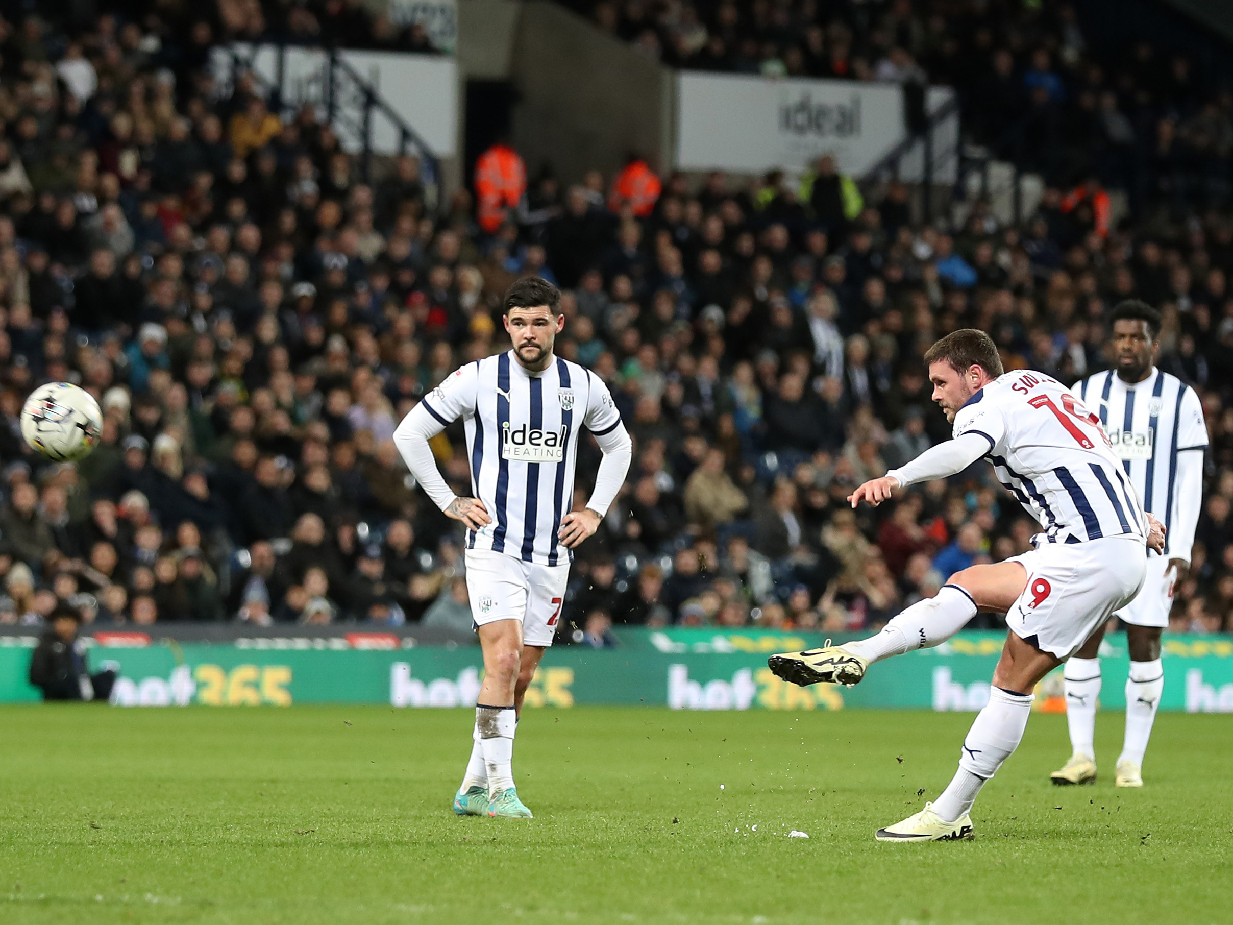 An image of John Swift hitting a free kick against Southampton