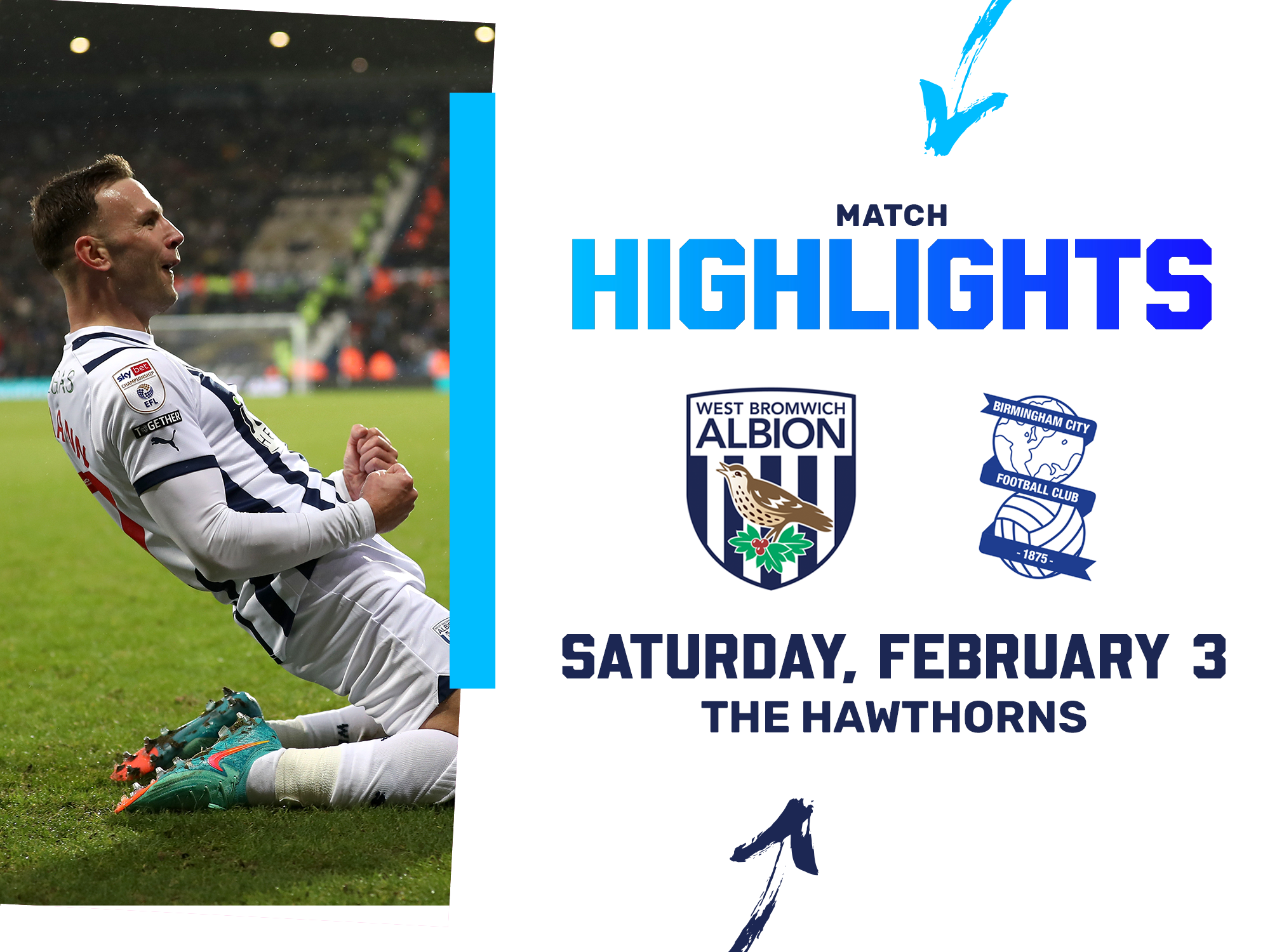 A photo match highlights graphic, with the club crests of Albion and Birmingham City, showing a picture of Andi Weimann celebrating his winning goal