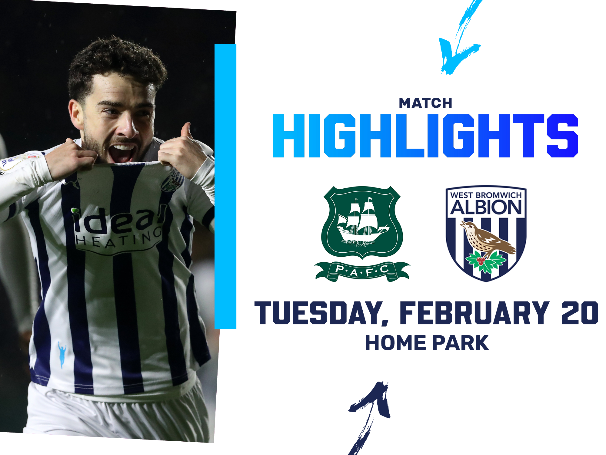 A match highlights photo graphic, showing Mikey Johnston celebrating, with the club crests of Albion and Plymouth