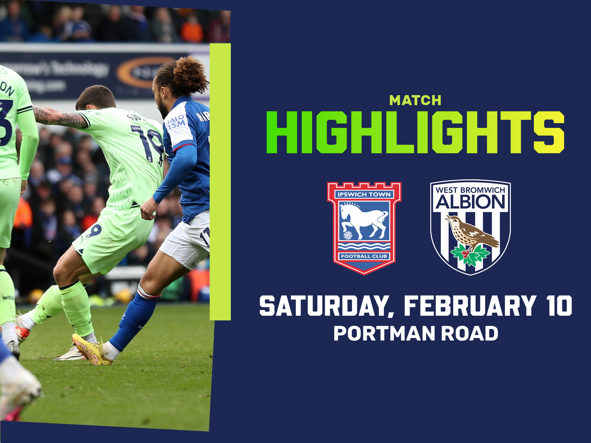 A match highlights photo graphic, with the club crests of Ipswich and Albion on, with a photo of John Swift in the green away kit