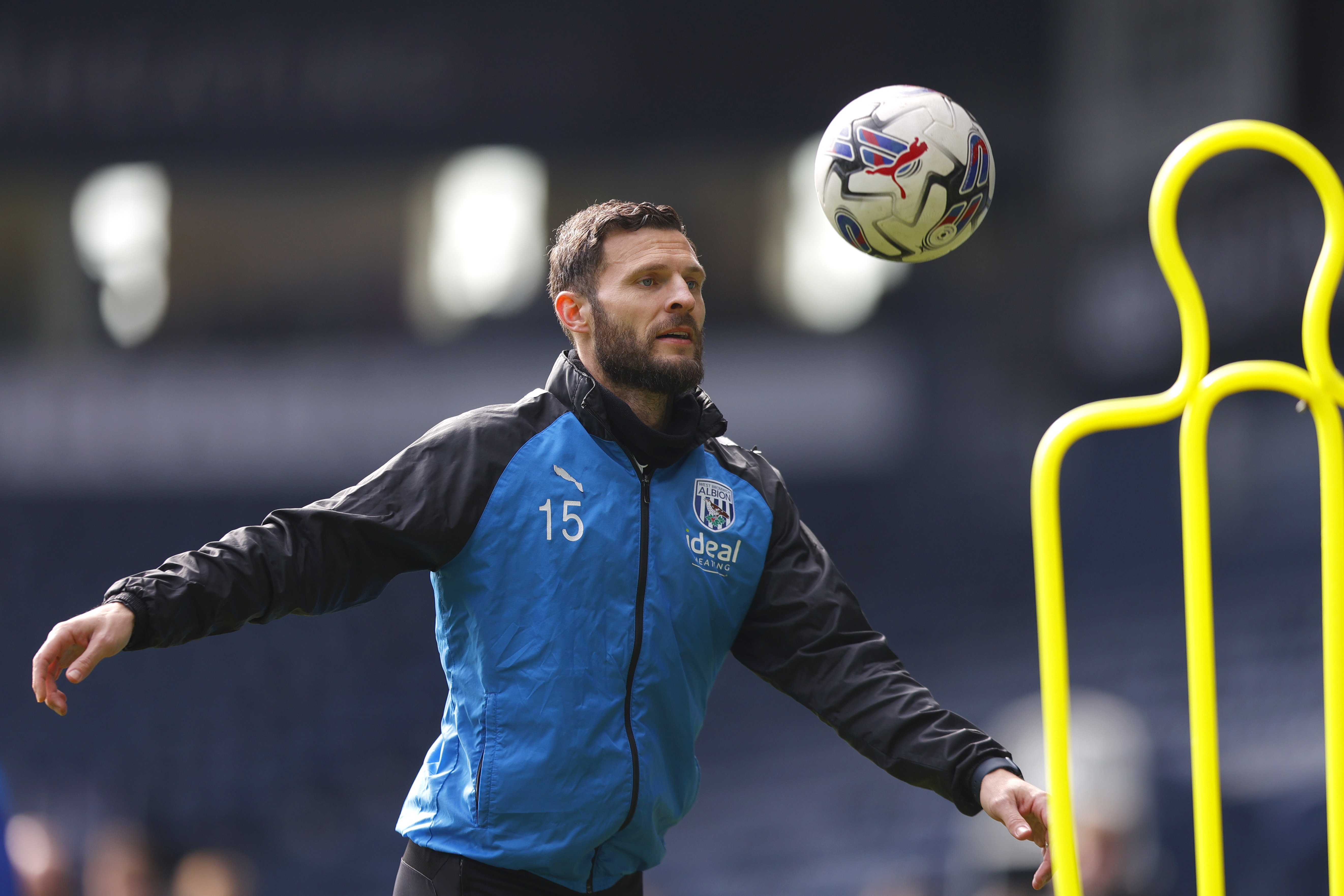 Erik Pieters watching the ball during a training session at The Hawthorns