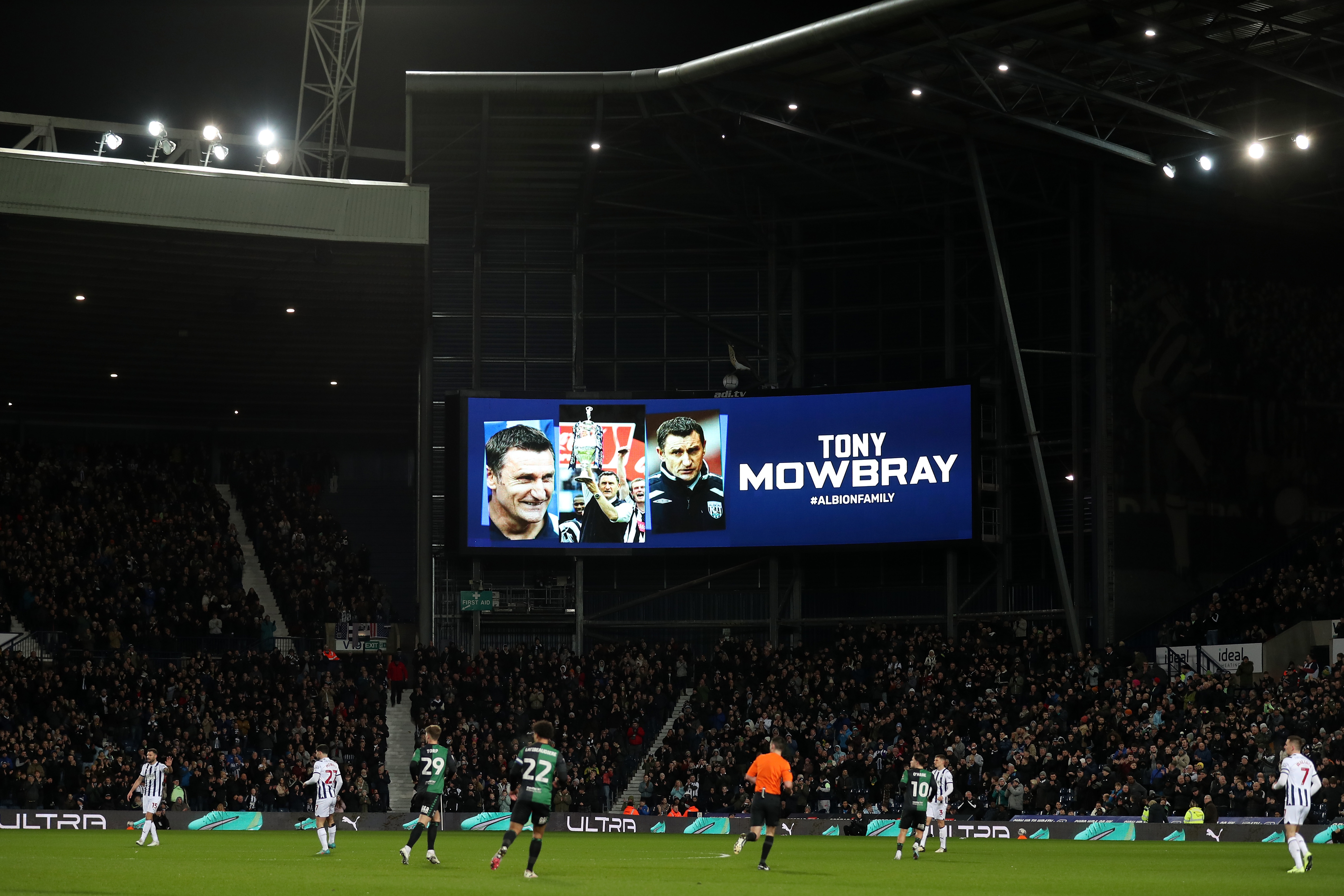 Tony Mowbray's picture up on the big screen at The Hawthorns in the 8th minute