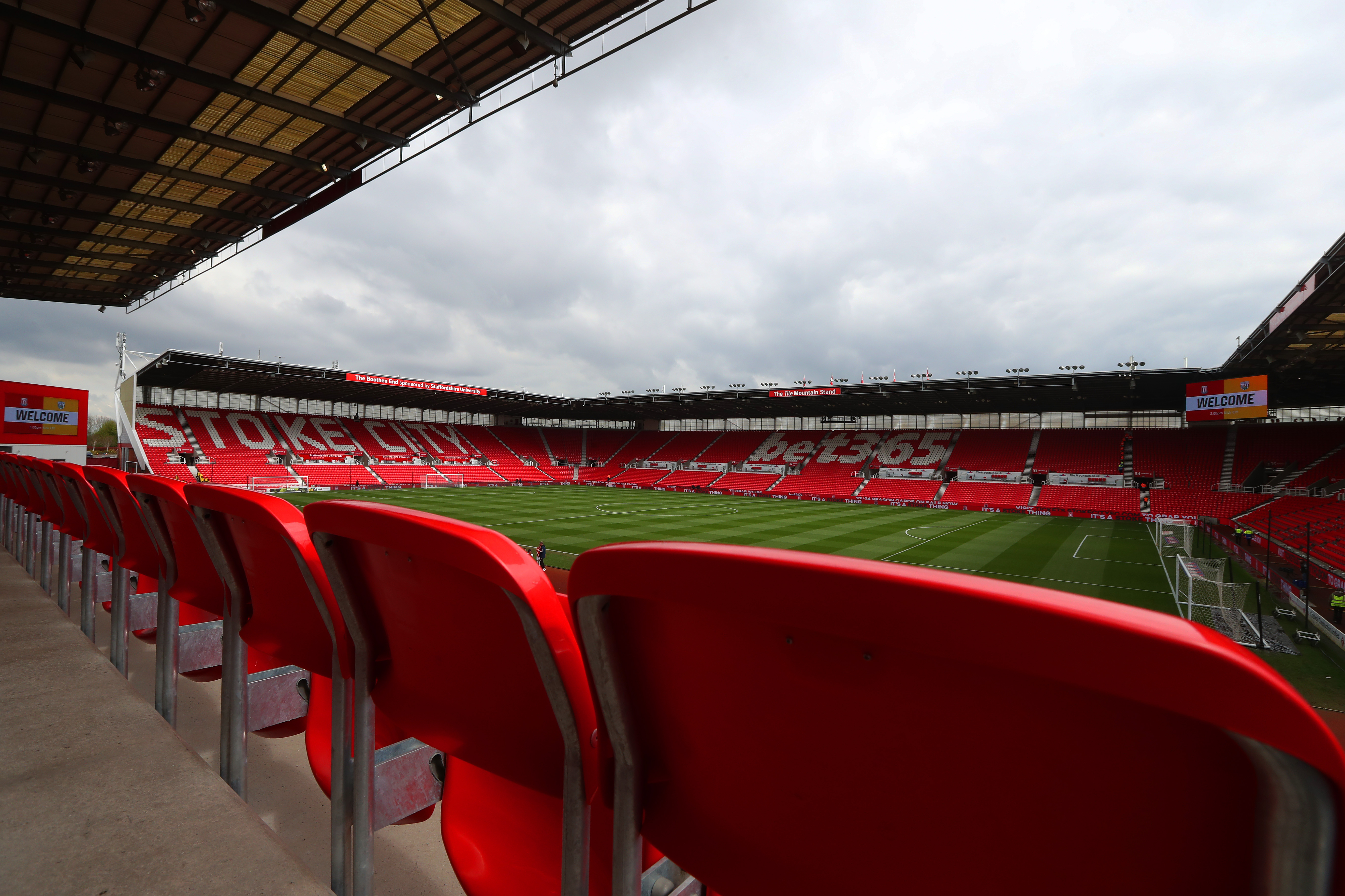 A general view of the bet365 Stadium from the main stand looking across the pitch
