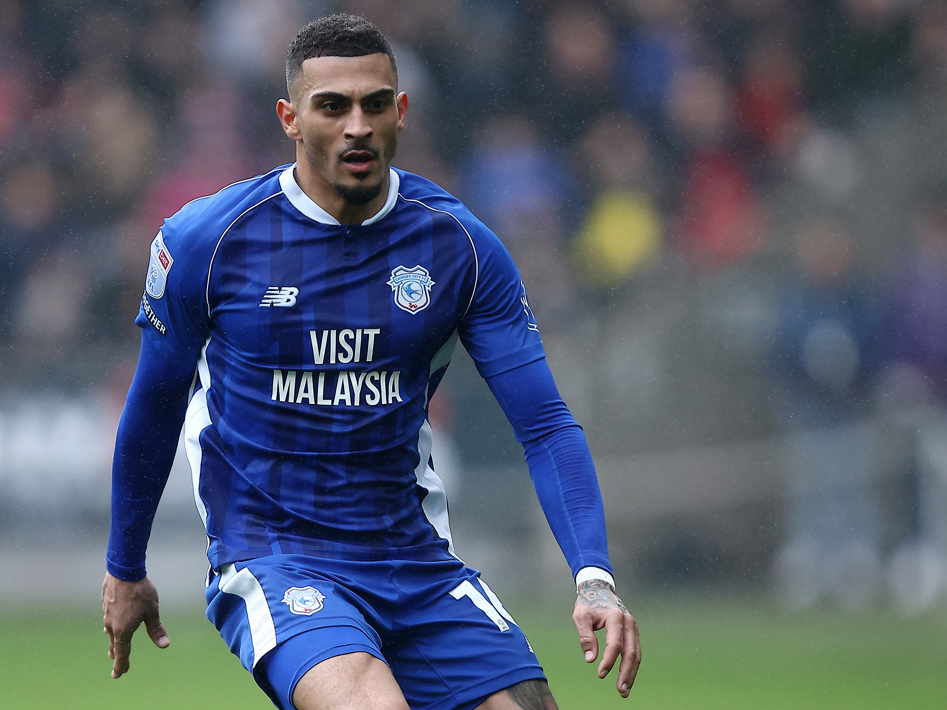 A photo of Albion forward Karlan Grant in action for loan club Cardiff in their home blue kit